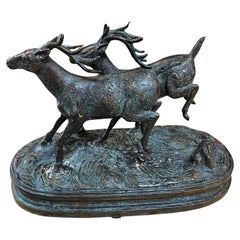 Bronze Statue Pair of Deer, Stags Running 