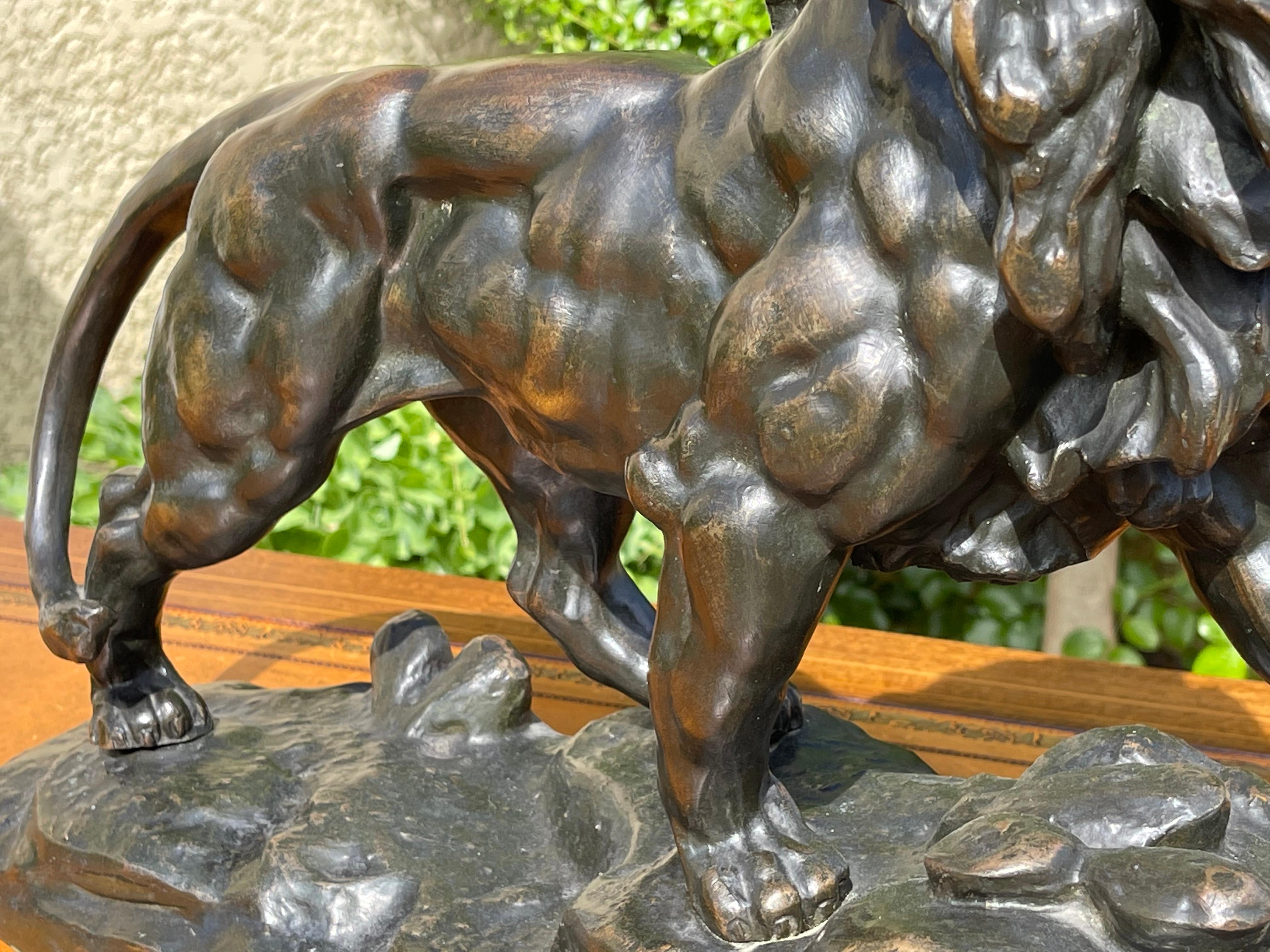 French Bronze Statue, Roaring Lion, 19th Century For Sale