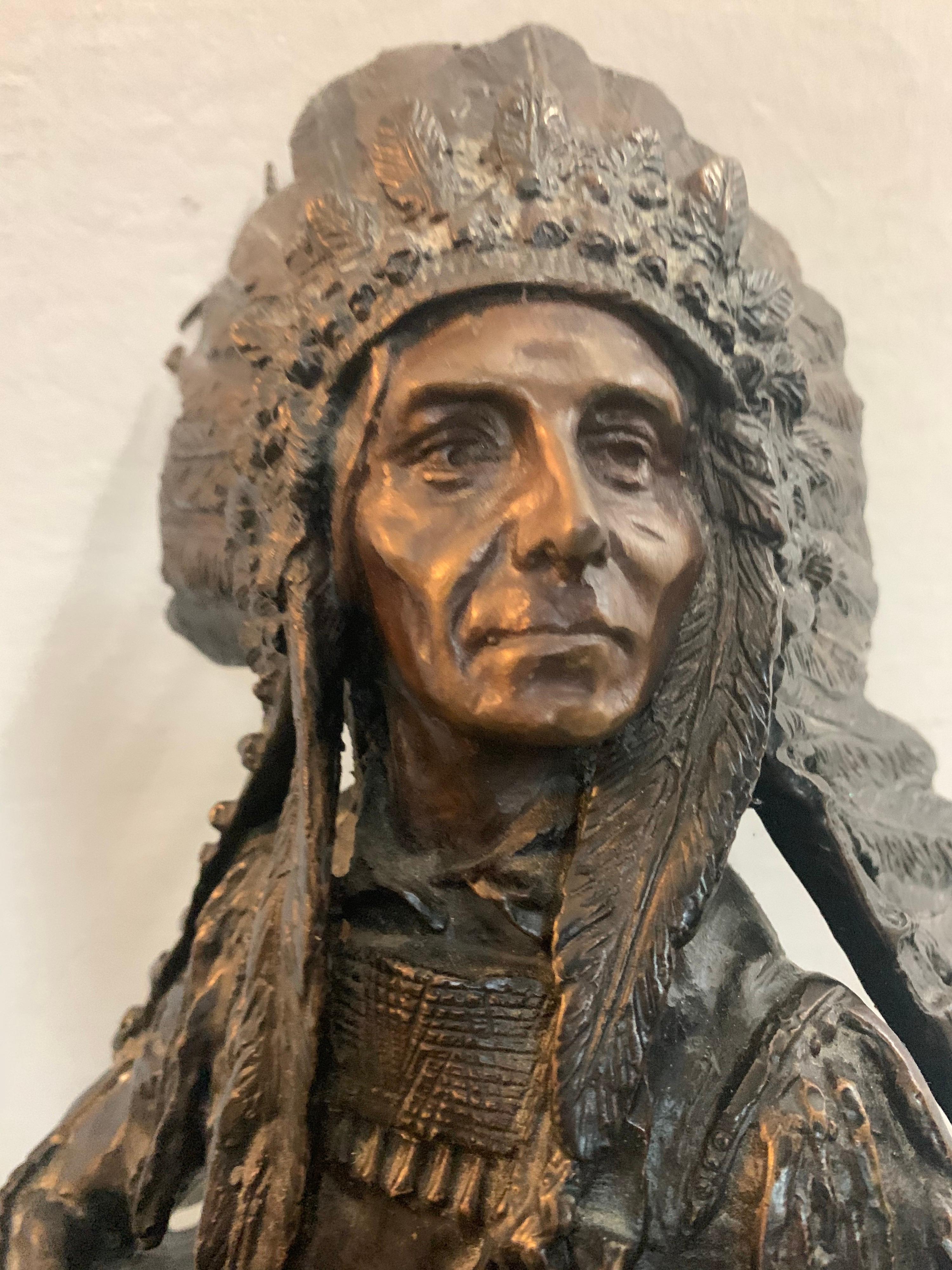 Bronze Statue Sculpture of American Indian Chief Signed Carl Kauba 1