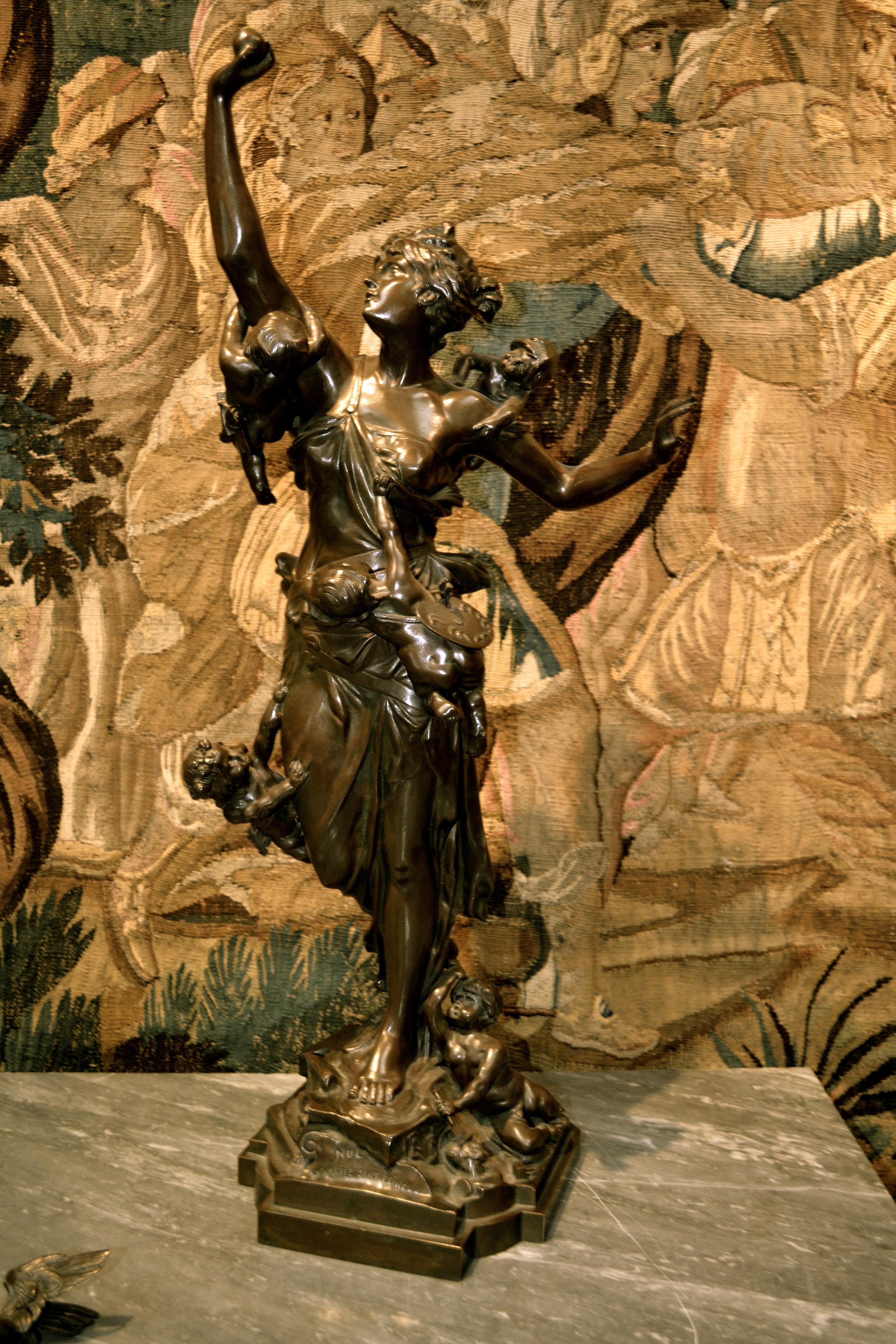 An inspiring bronze statue by Belgian mid-19 century Sculptur Auguste De Wever, (1836-1884), titled ” Nul N’arrive sans peine” meaning “Nothing comes without sacrifice” This life lesson is depicted as a classically draped maiden holding aloft a