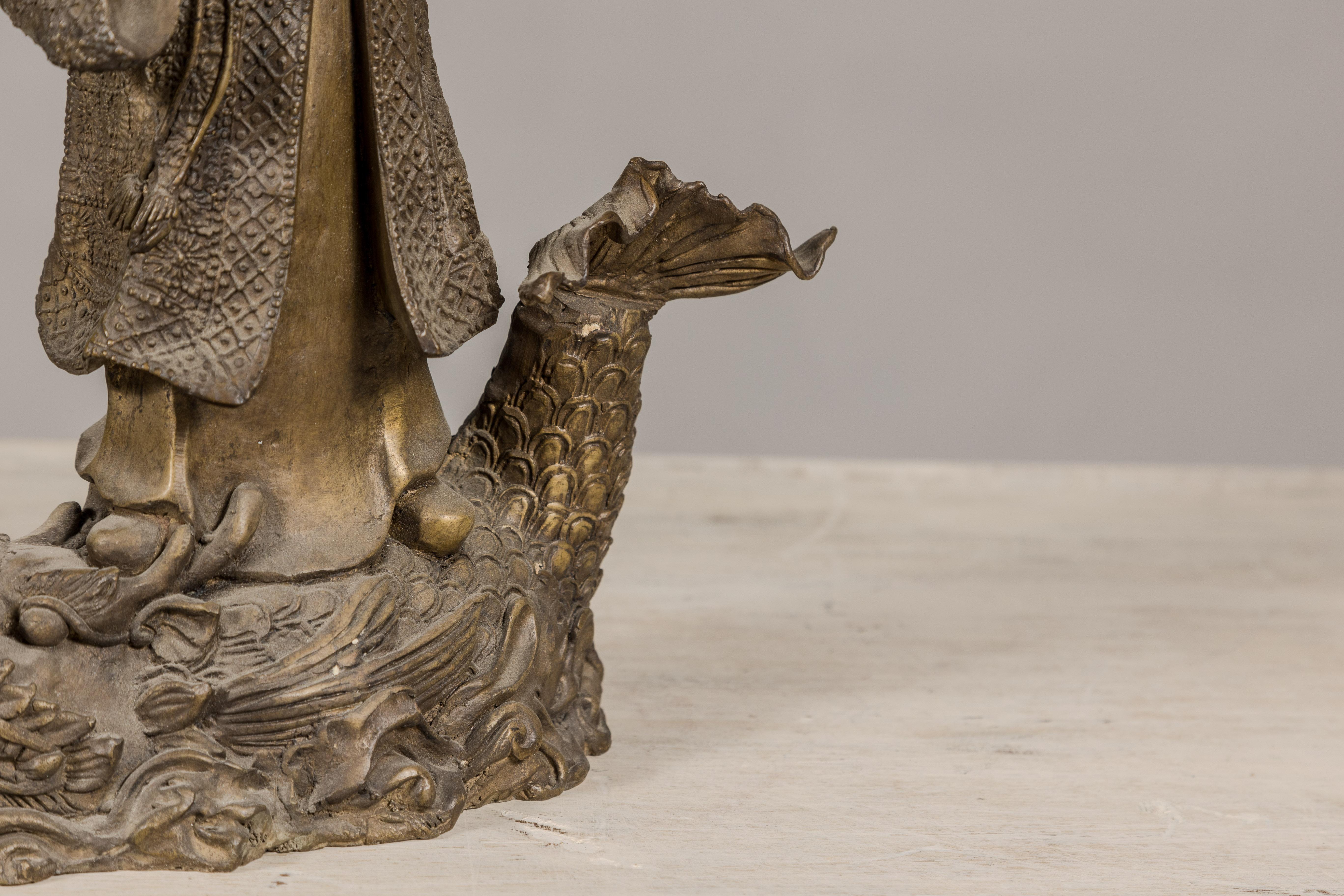 Bronze Statuette of a Chinese Ancestral Figure Standing on a Giant Fish For Sale 7