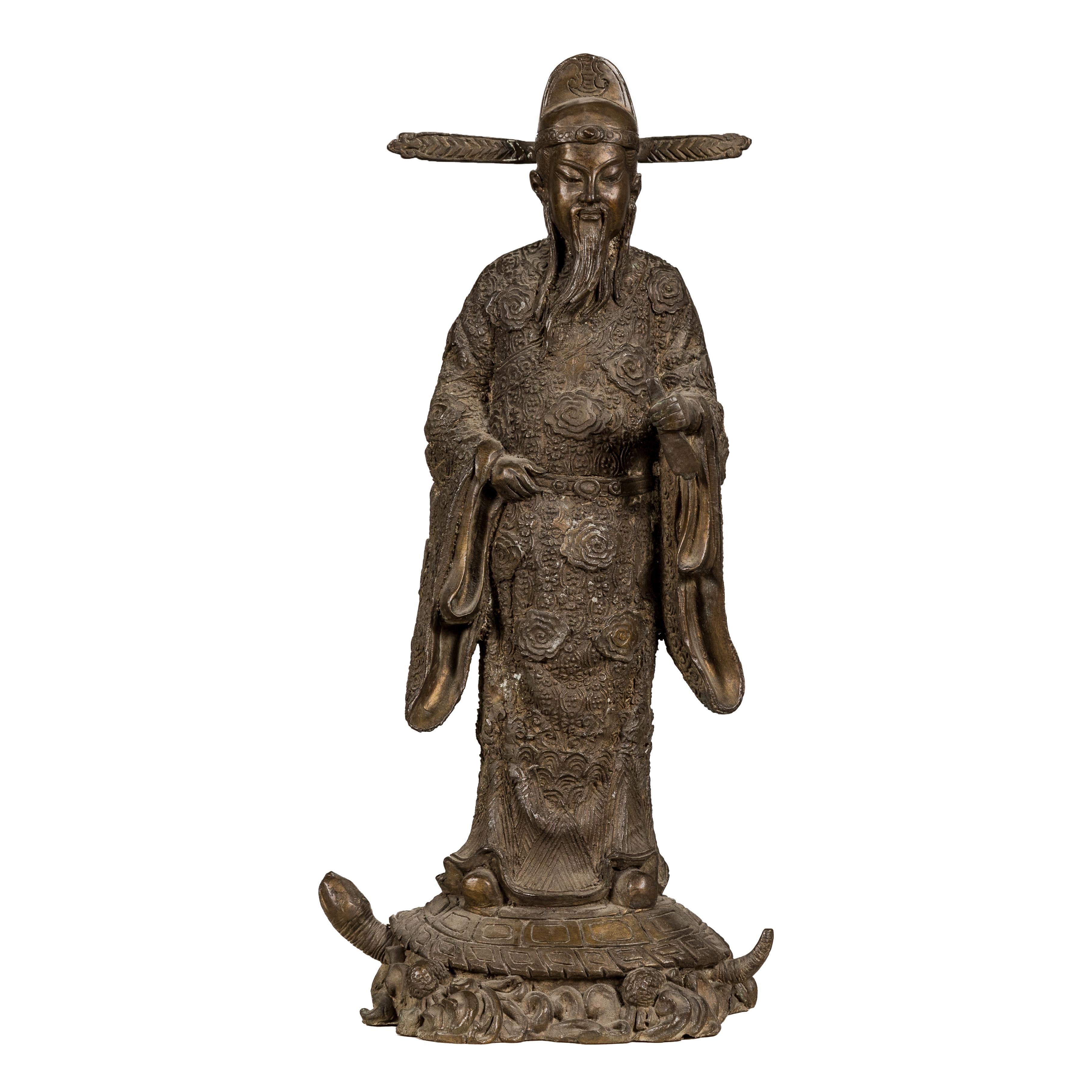 Bronze Tabletop Statue of a Scholar Standing on a Turtle For Sale 6