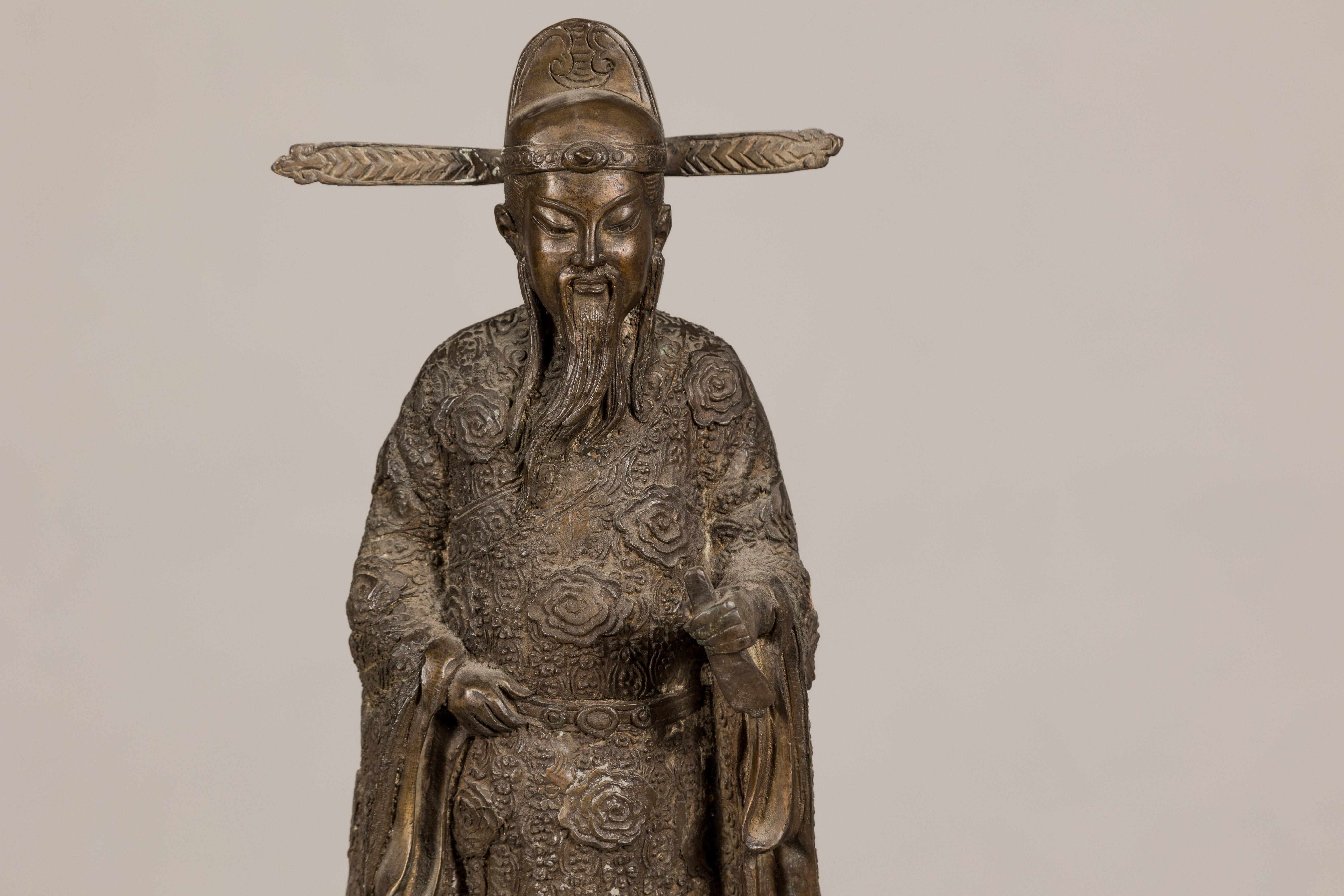 Chinese Bronze Tabletop Statue of a Scholar Standing on a Turtle For Sale