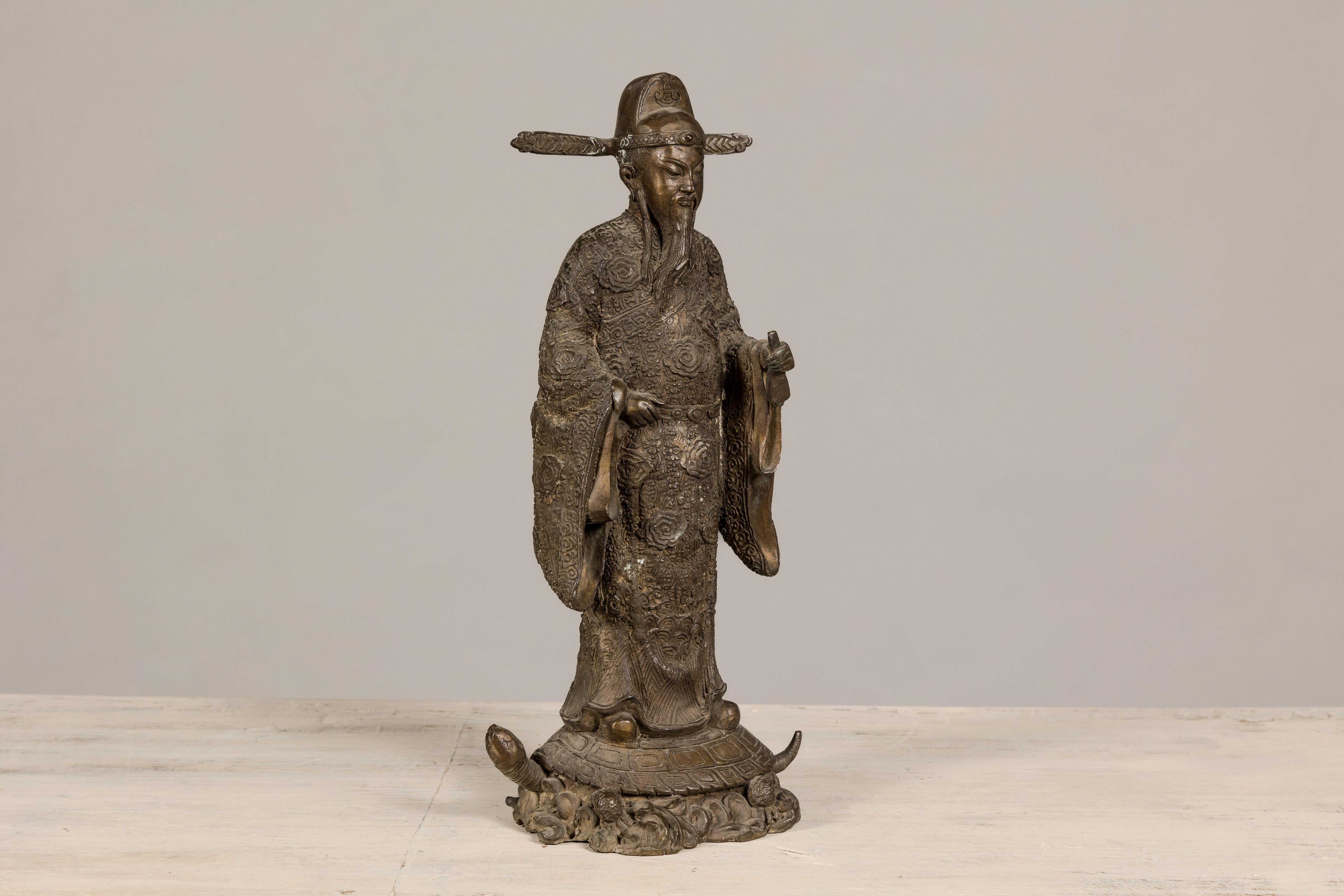 Bronze Tabletop Statue of a Scholar Standing on a Turtle For Sale 2