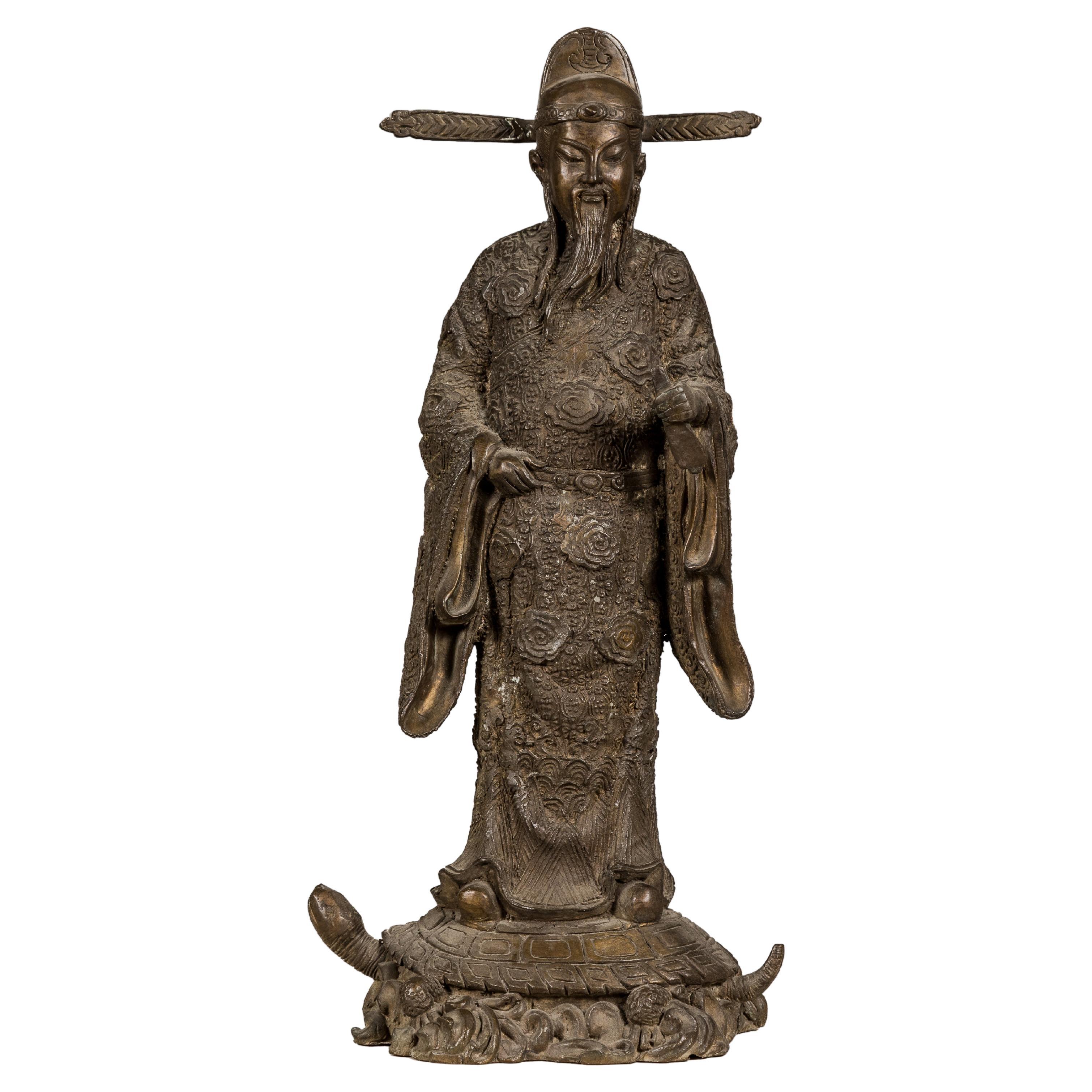 Bronze Tabletop Statue of a Scholar Standing on a Turtle For Sale