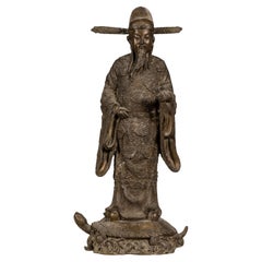 Retro Bronze Tabletop Statue of a Scholar Standing on a Turtle