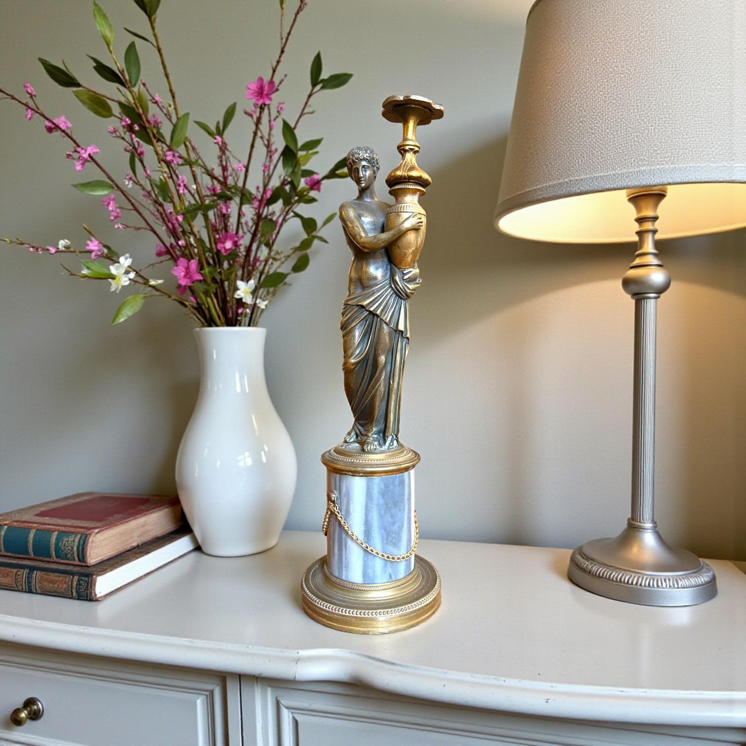 Hand-Carved Bronze Statuette of a Classical Young Man on a Marble Column, Restoration period For Sale