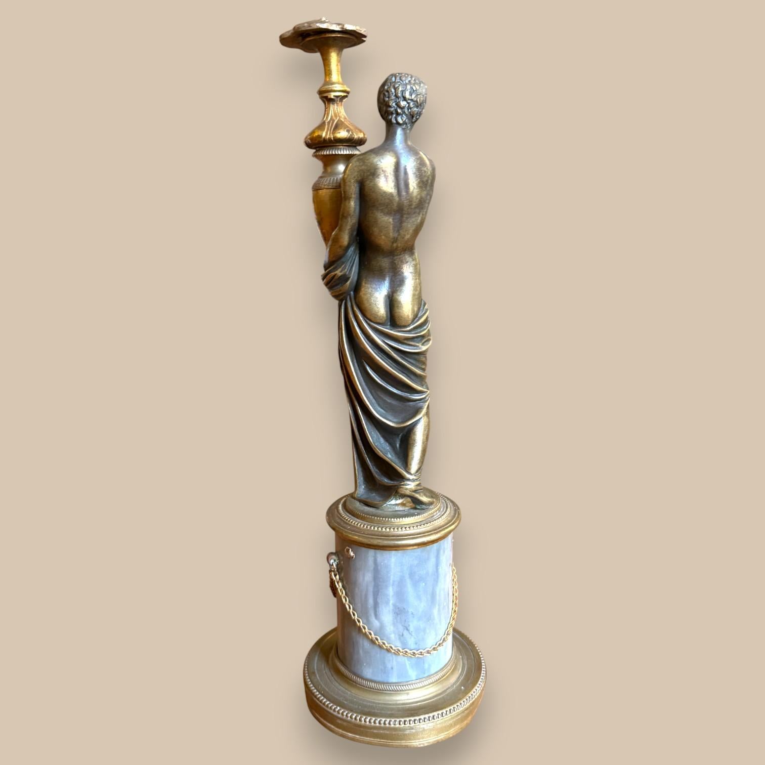 19th Century Bronze Statuette of a Classical Young Man on a Marble Column, Restoration period For Sale