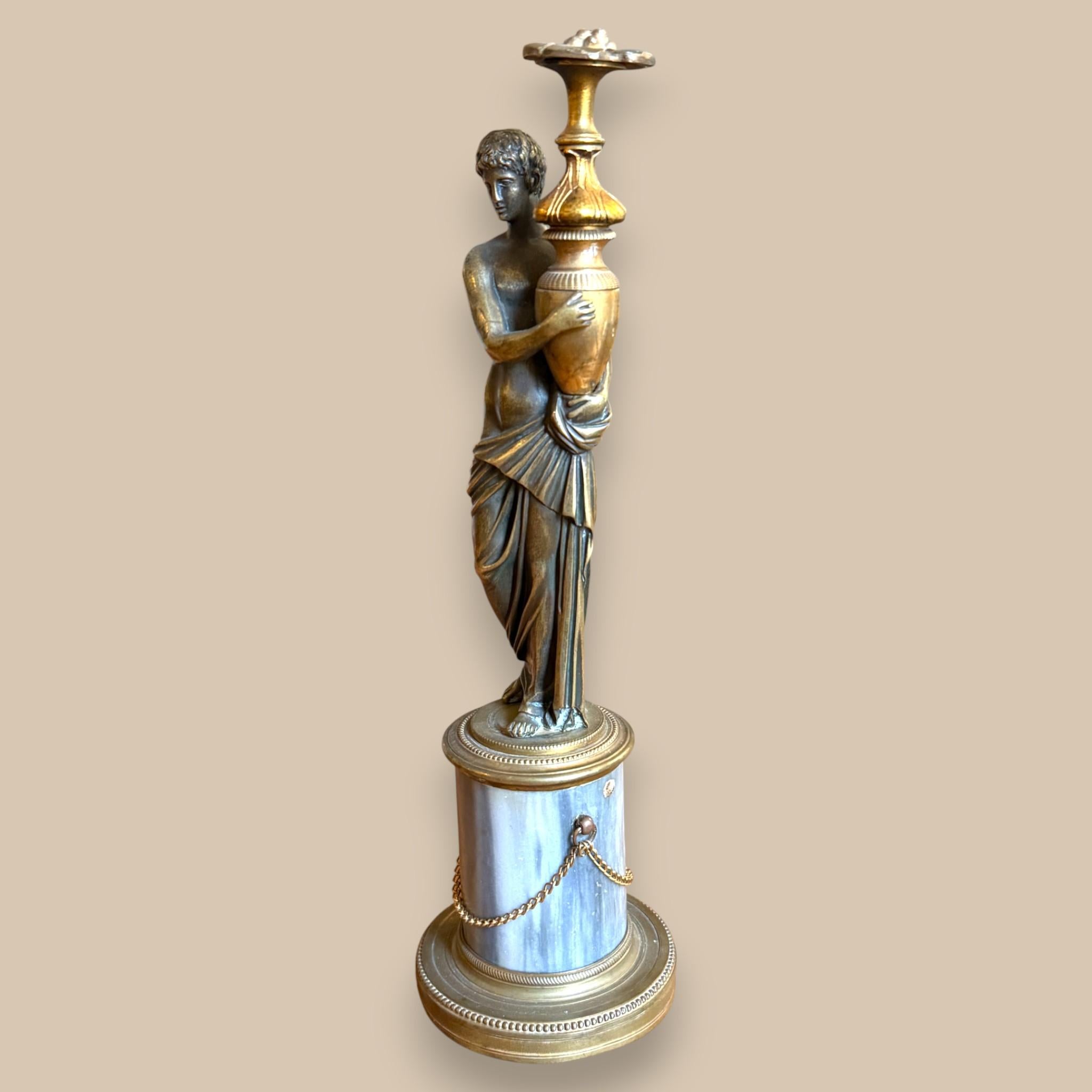 Bronze Statuette of a Classical Young Man on a Marble Column, Restoration period For Sale 2