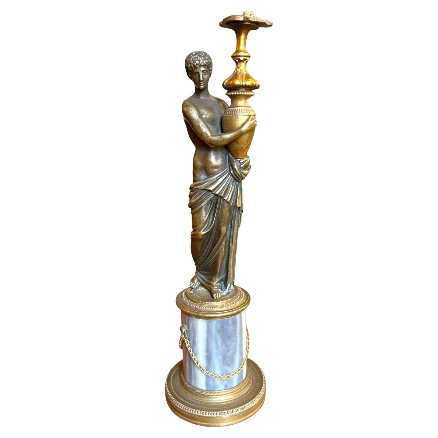 Bronze Statuette of a Classical Young Man on a Marble Column, Restoration period For Sale