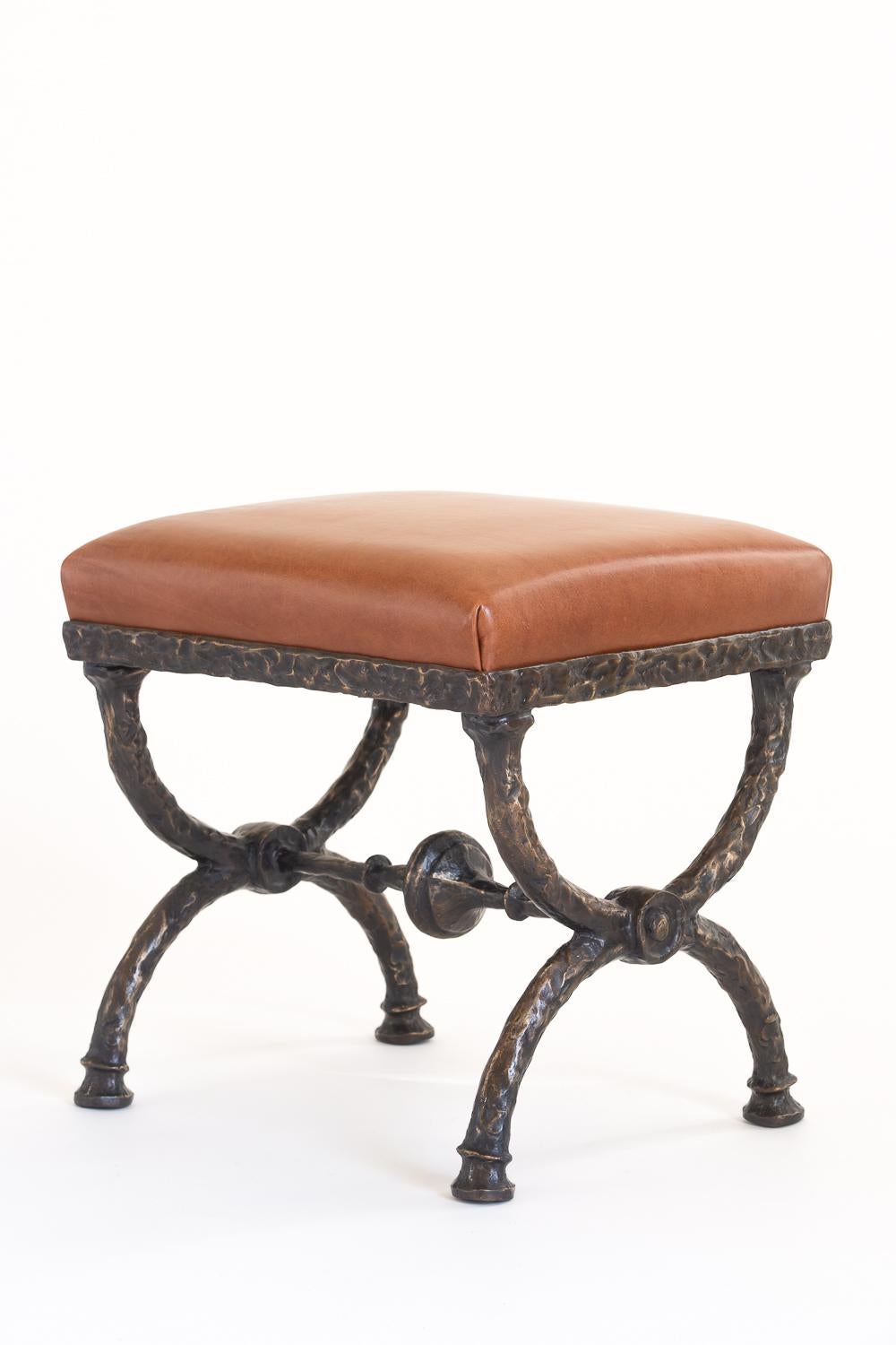 Organic Modern Bronze Stool with Upholstered Brown or Black Leather Seat For Sale