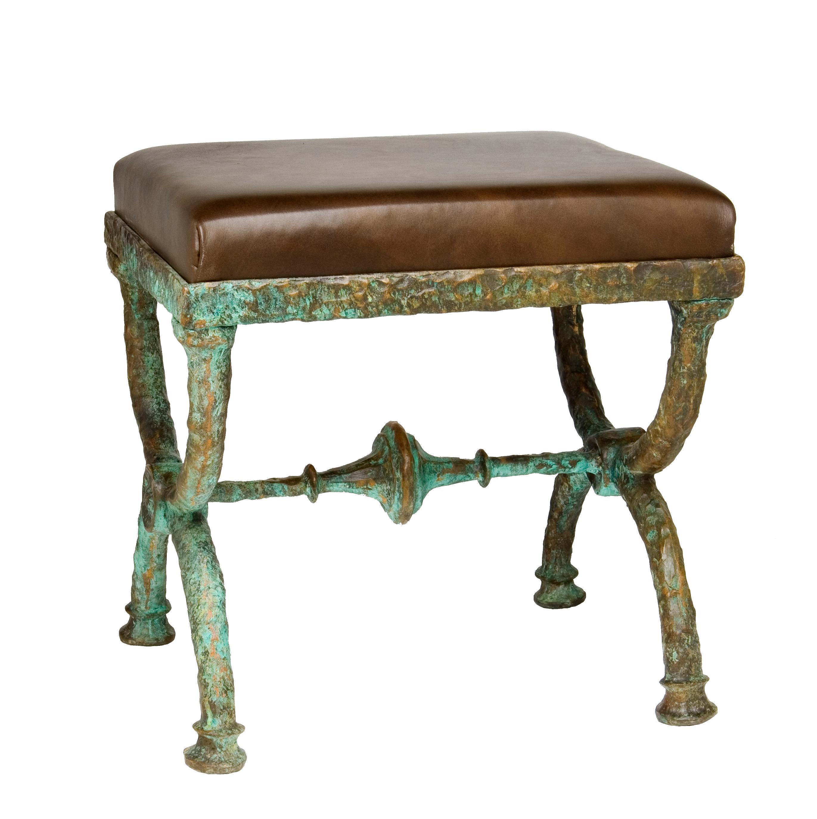 Cast Bronze Stool with Upholstered Brown or Black Leather Seat For Sale