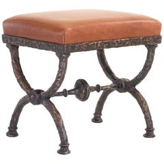 Tabouret en bronze avec assise en cuir marron ou noir rembourrée