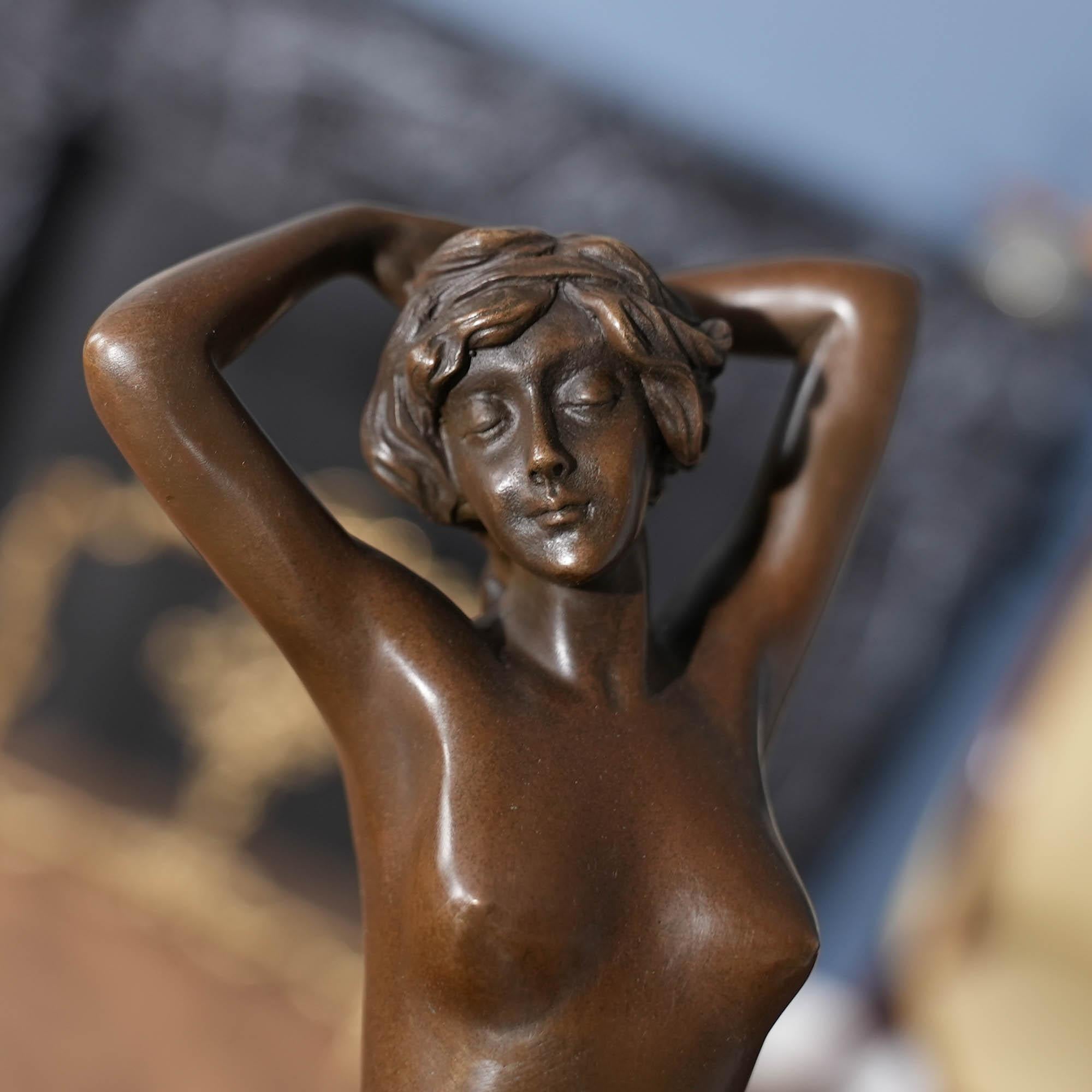 Contemporary Bronze Stretching Woman on Marble Base For Sale