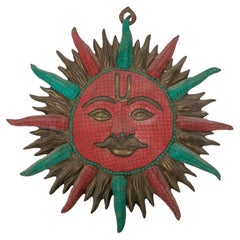 Vintage Bronze Sun Sculpture with Micromosaic Decoration in Green and Red Colour