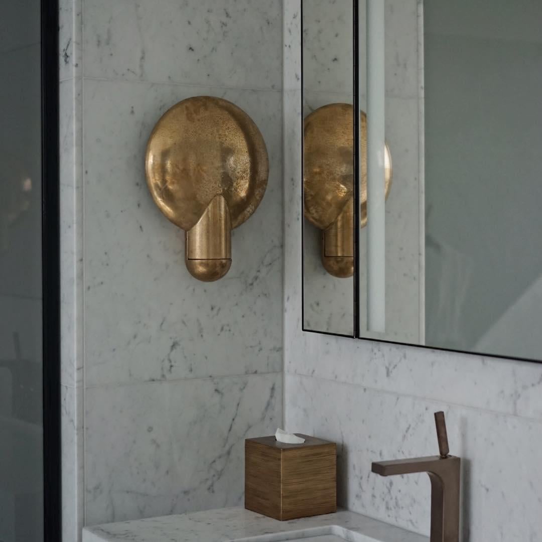 Contemporary Round Disc-like Golden Bronze Surface Wall Sconce by Henry Wilson For Sale 3