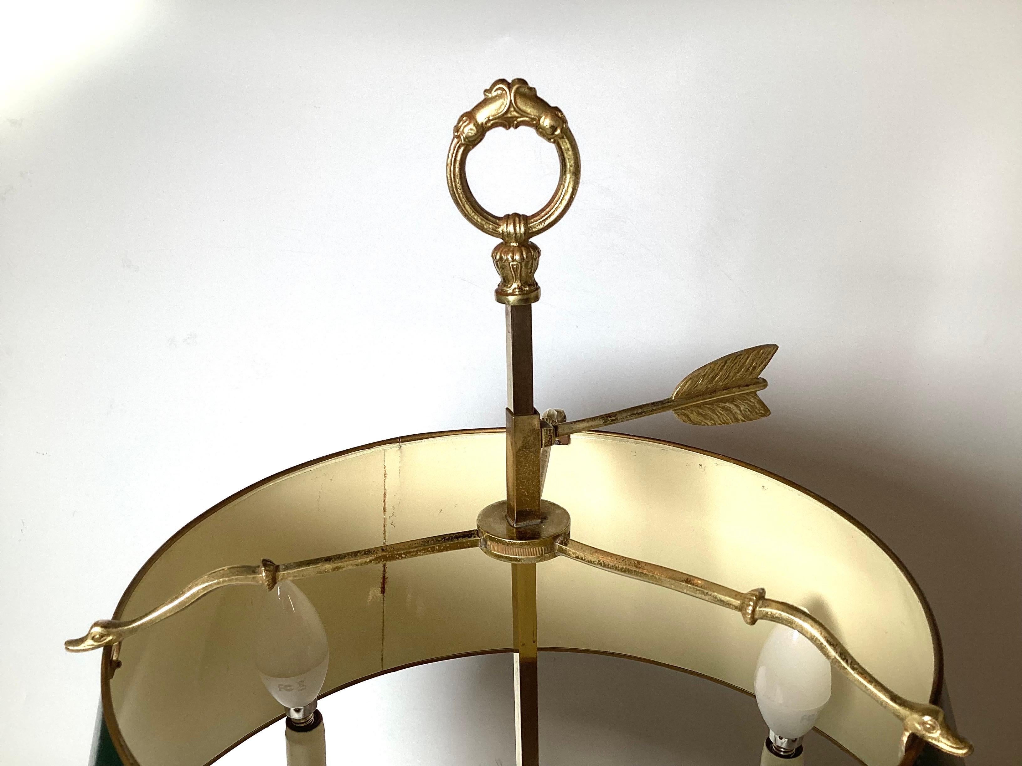 Louis XV Bronze Swan Motif Three Light Tole Shade Bouiotte Lamp For Sale