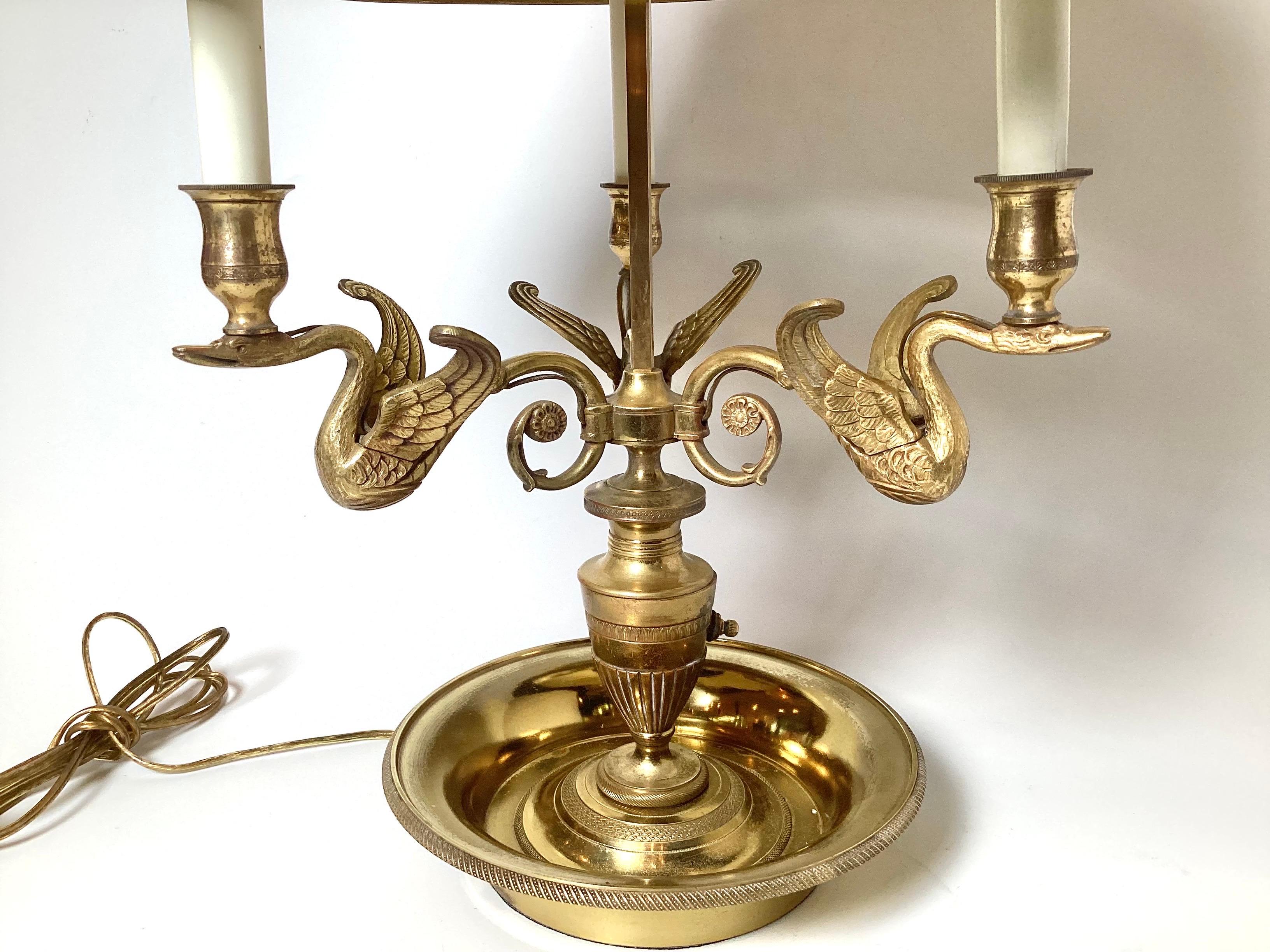 French Bronze Swan Motif Three Light Tole Shade Bouiotte Lamp For Sale
