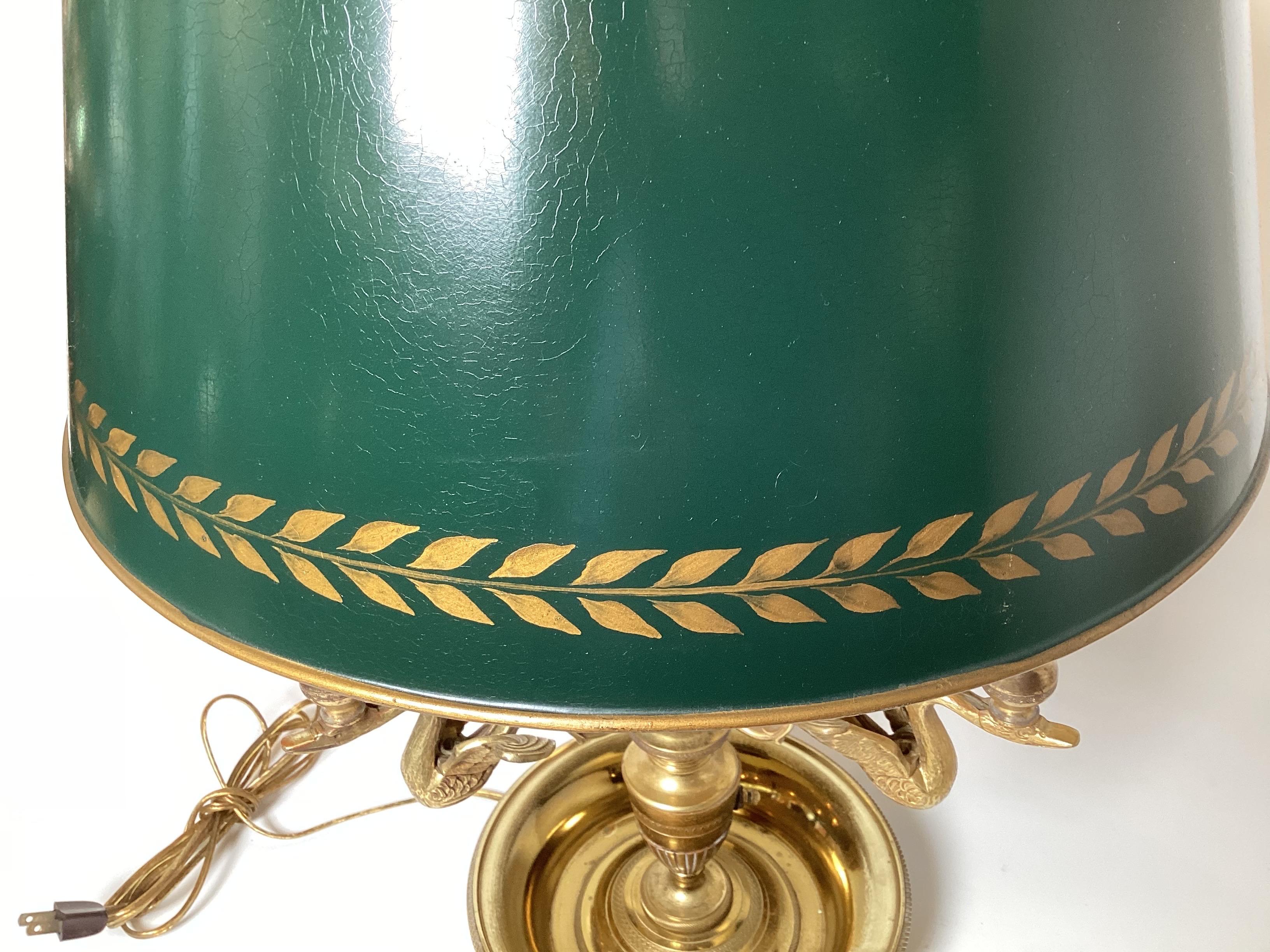 Hand-Painted Bronze Swan Motif Three Light Tole Shade Bouiotte Lamp For Sale