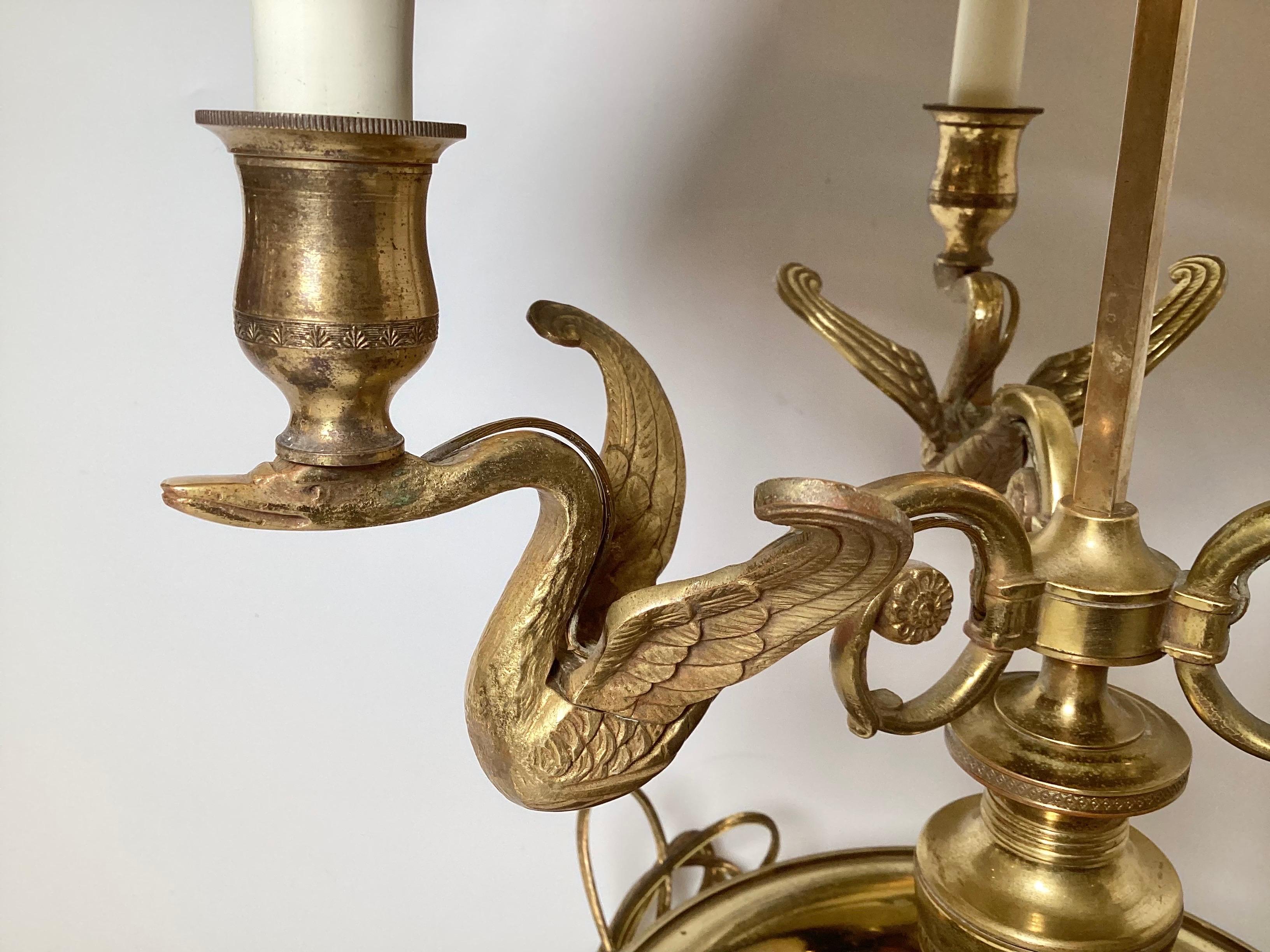 Early 20th Century Bronze Swan Motif Three Light Tole Shade Bouiotte Lamp For Sale