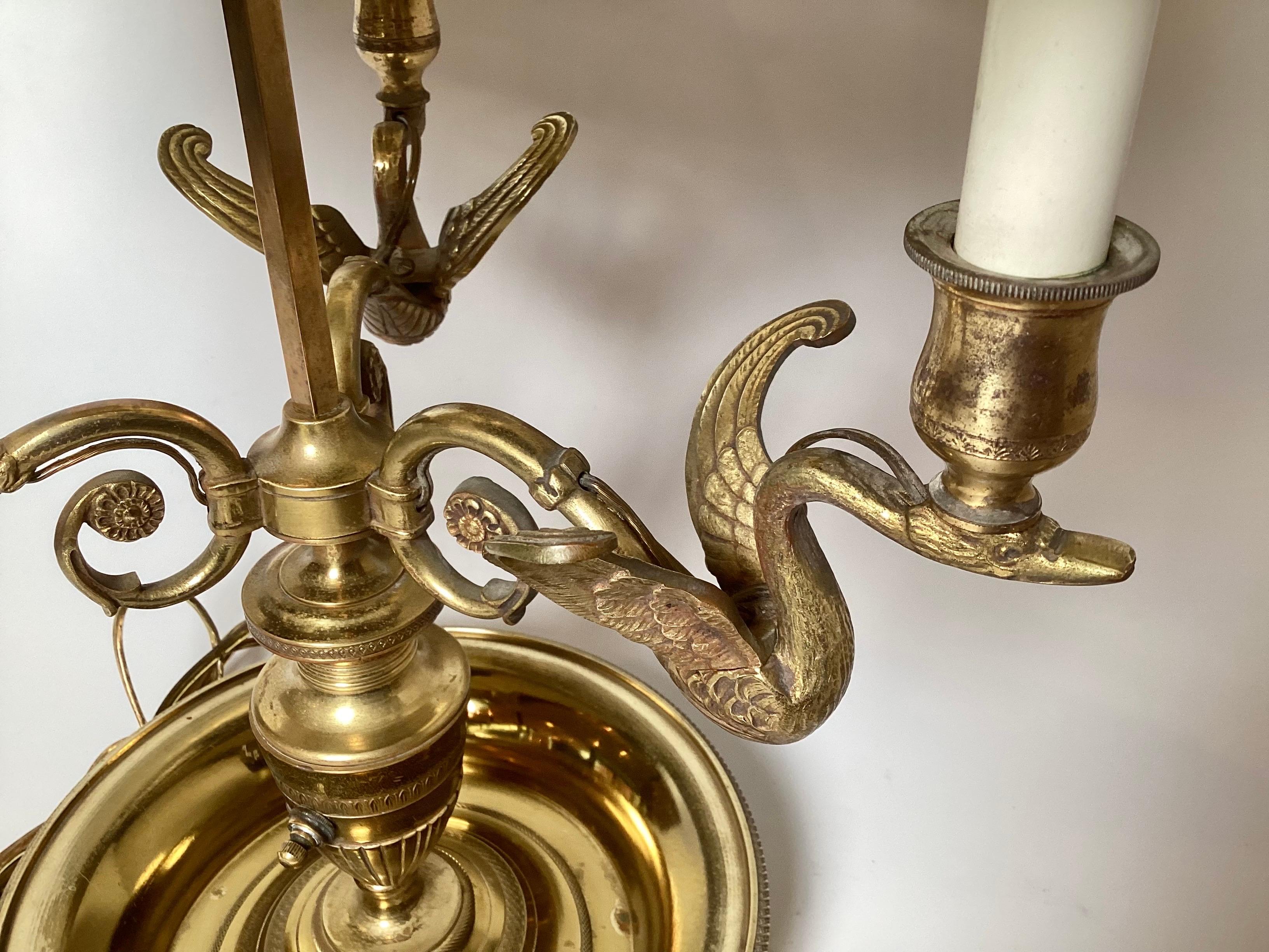 Bronze Swan Motif Three Light Tole Shade Bouiotte Lamp For Sale 1