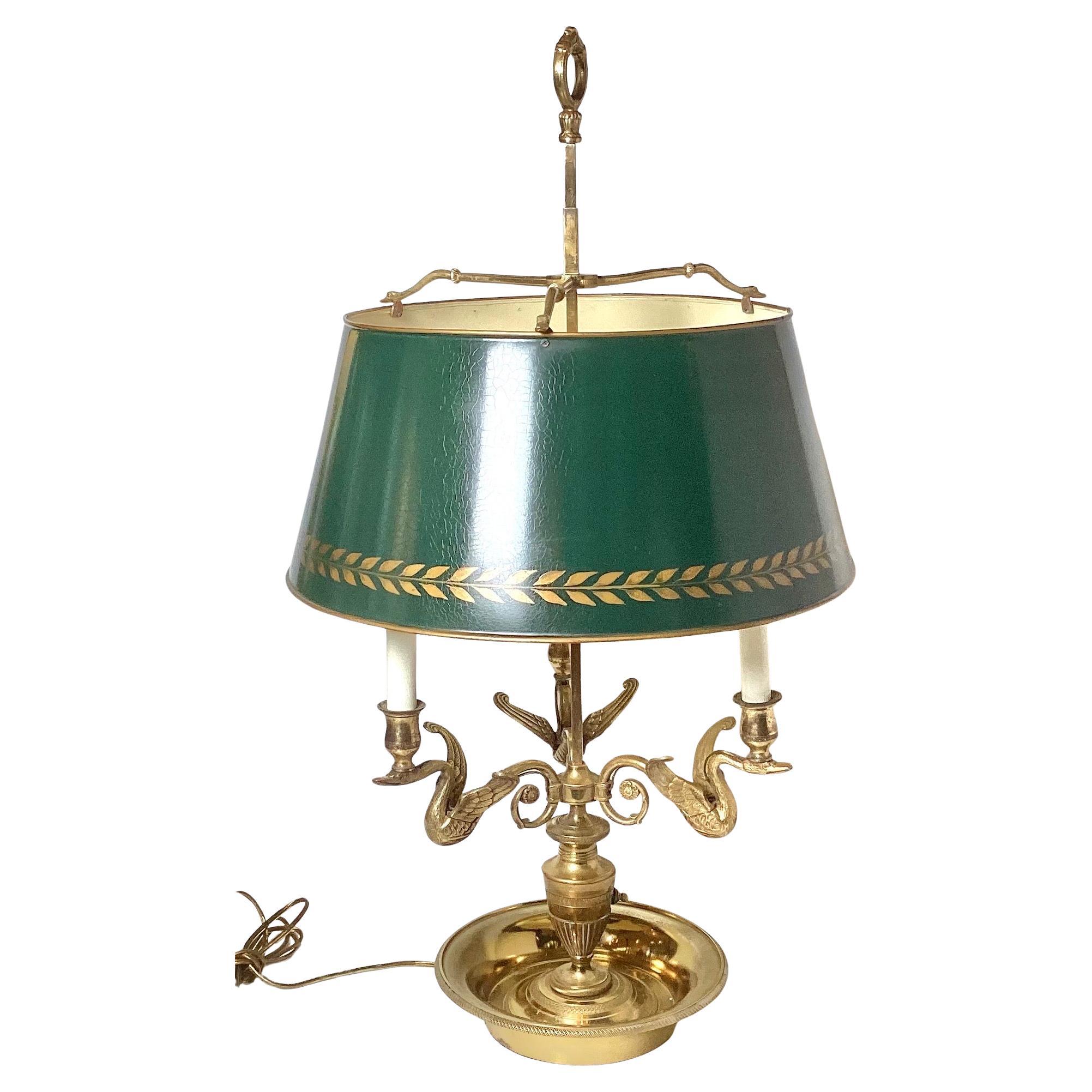 Bronze Swan Motif Three Light Tole Shade Bouiotte Lamp For Sale