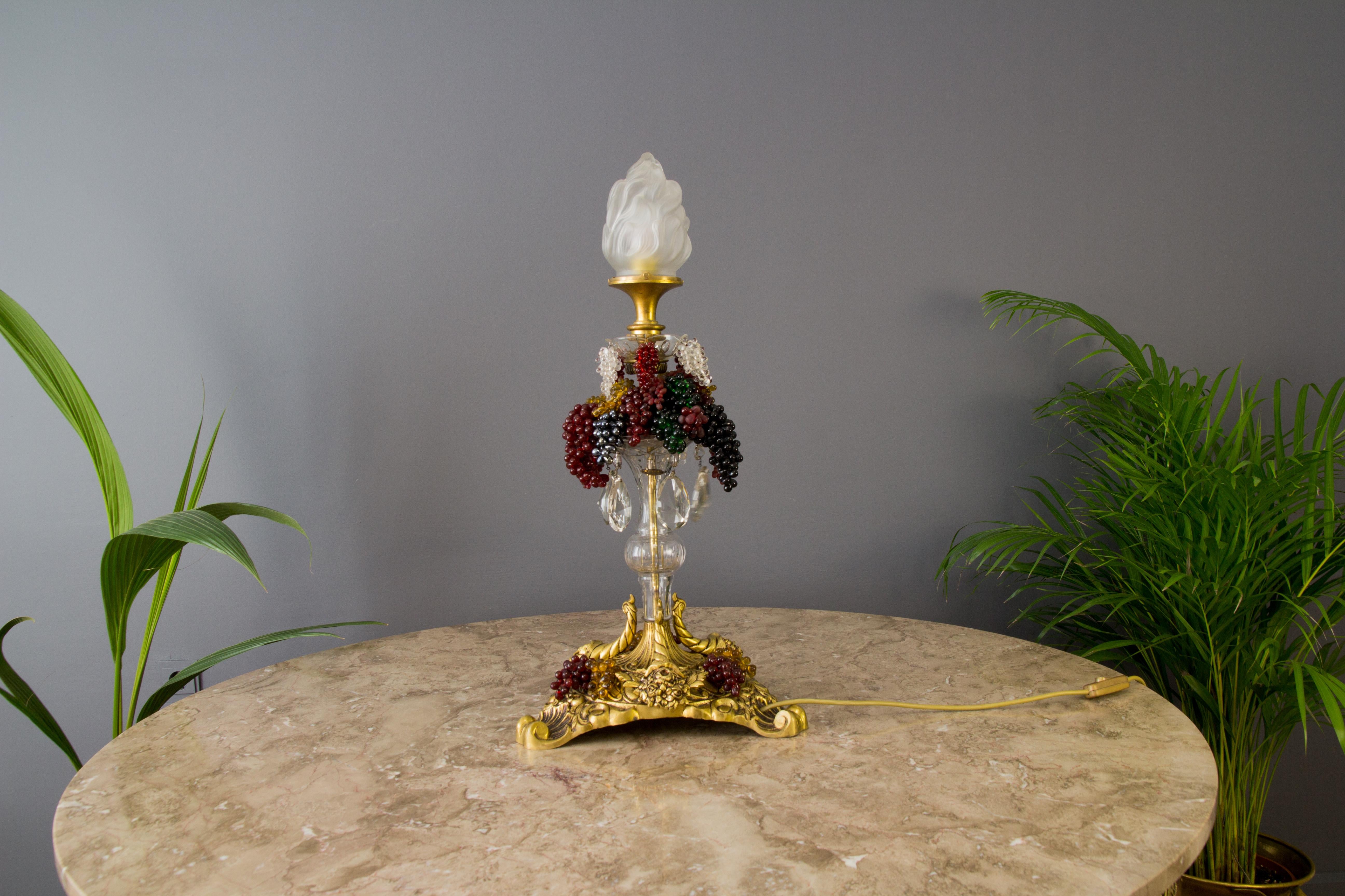 Bronze Table Lamp with Crystals, Frosted Glass Flame Shade and Glass Grapes 4