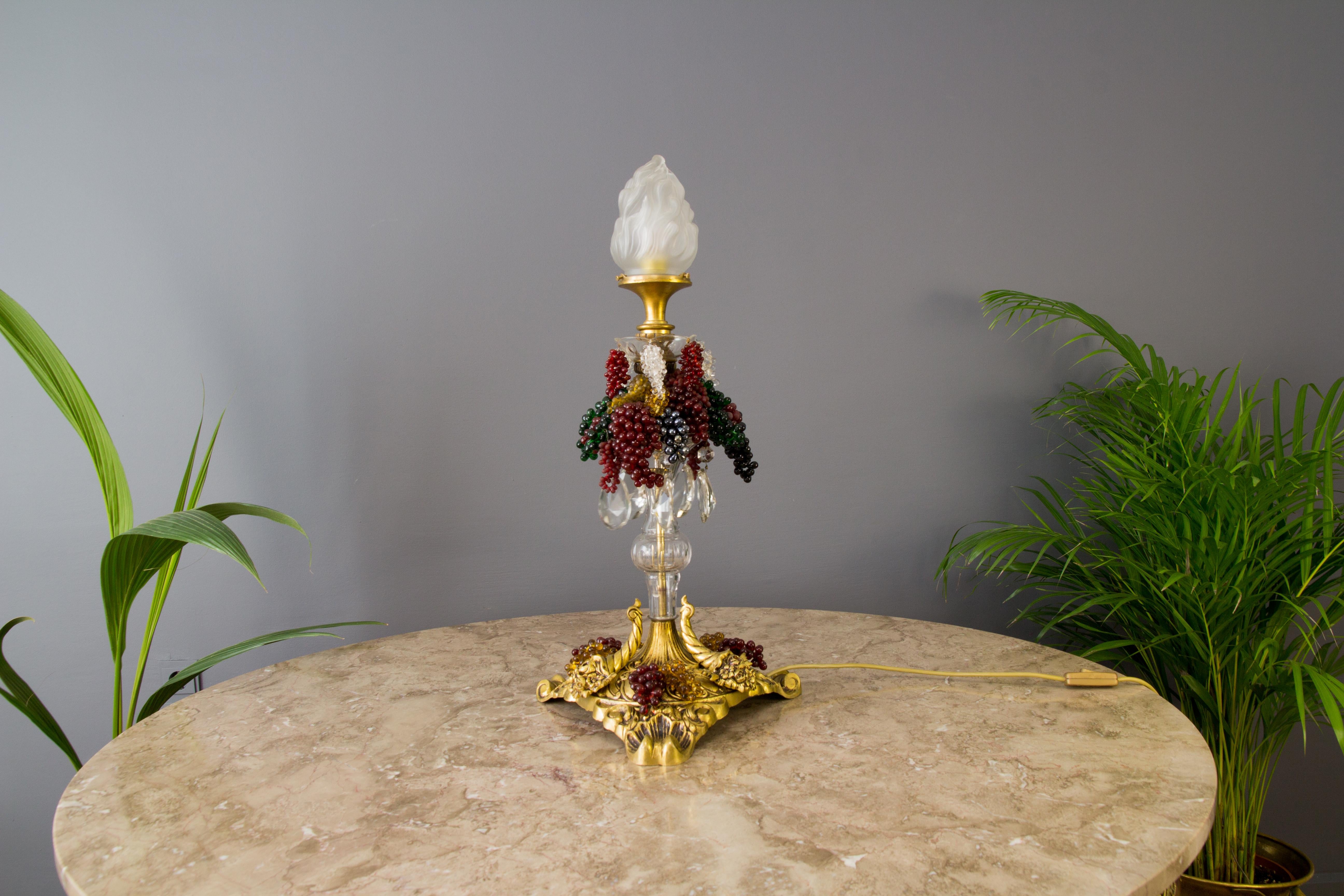 Bronze Table Lamp with Crystals, Frosted Glass Flame Shade and Glass Grapes 5