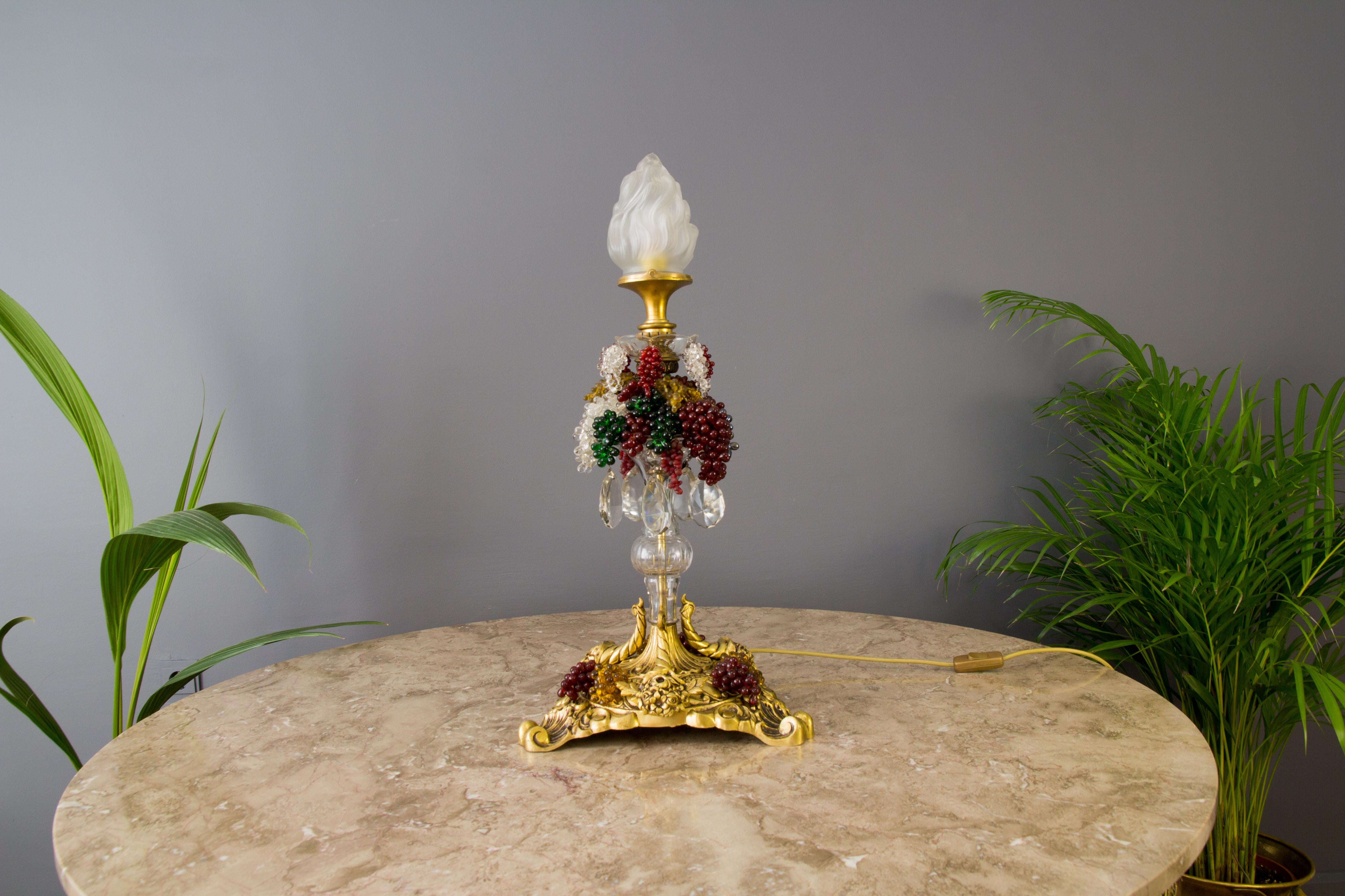 Bronze Table Lamp with Crystals, Frosted Glass Flame Shade and Glass Grapes 6