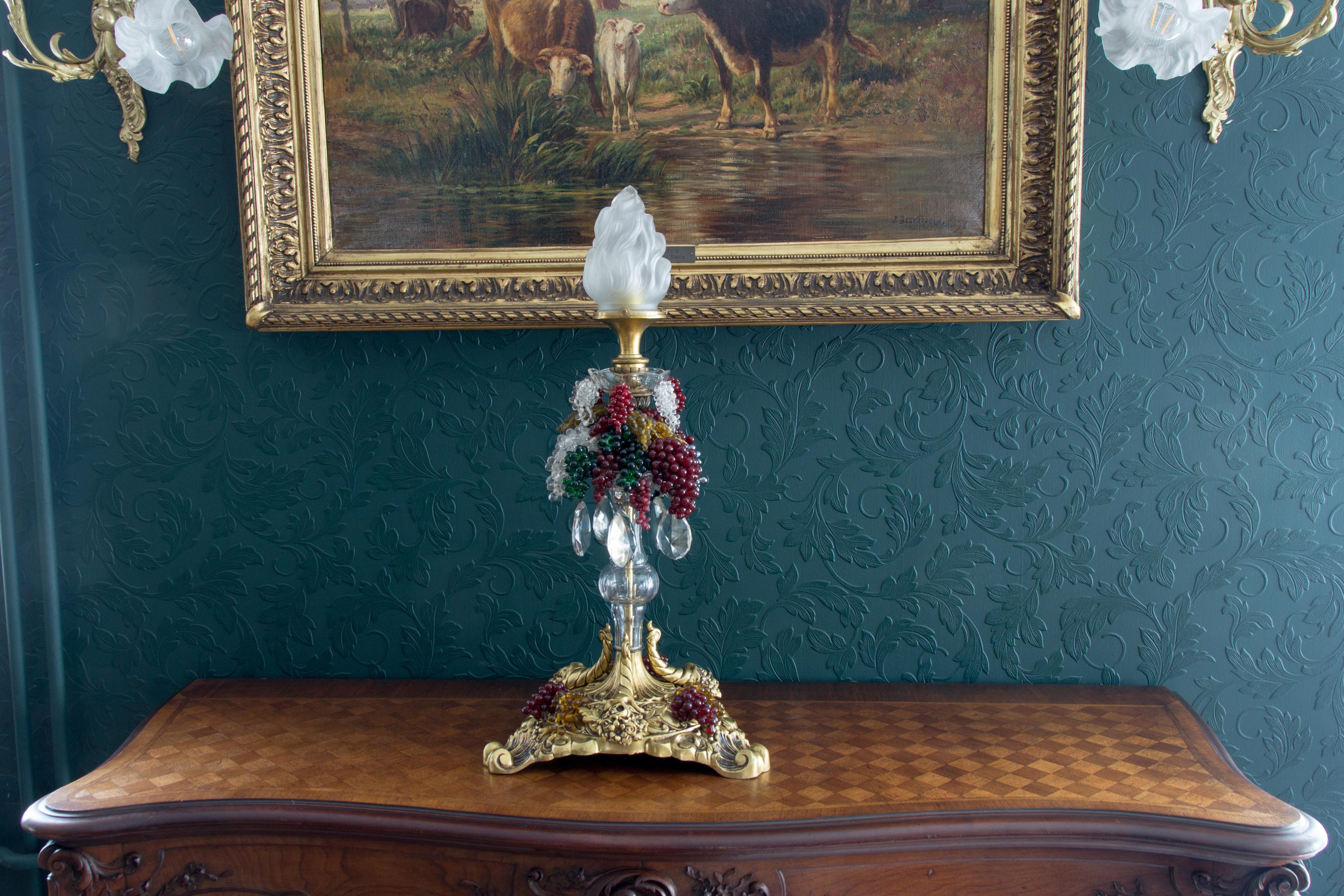 Bronze Table Lamp with Crystals, Frosted Glass Flame Shade and Glass Grapes 9
