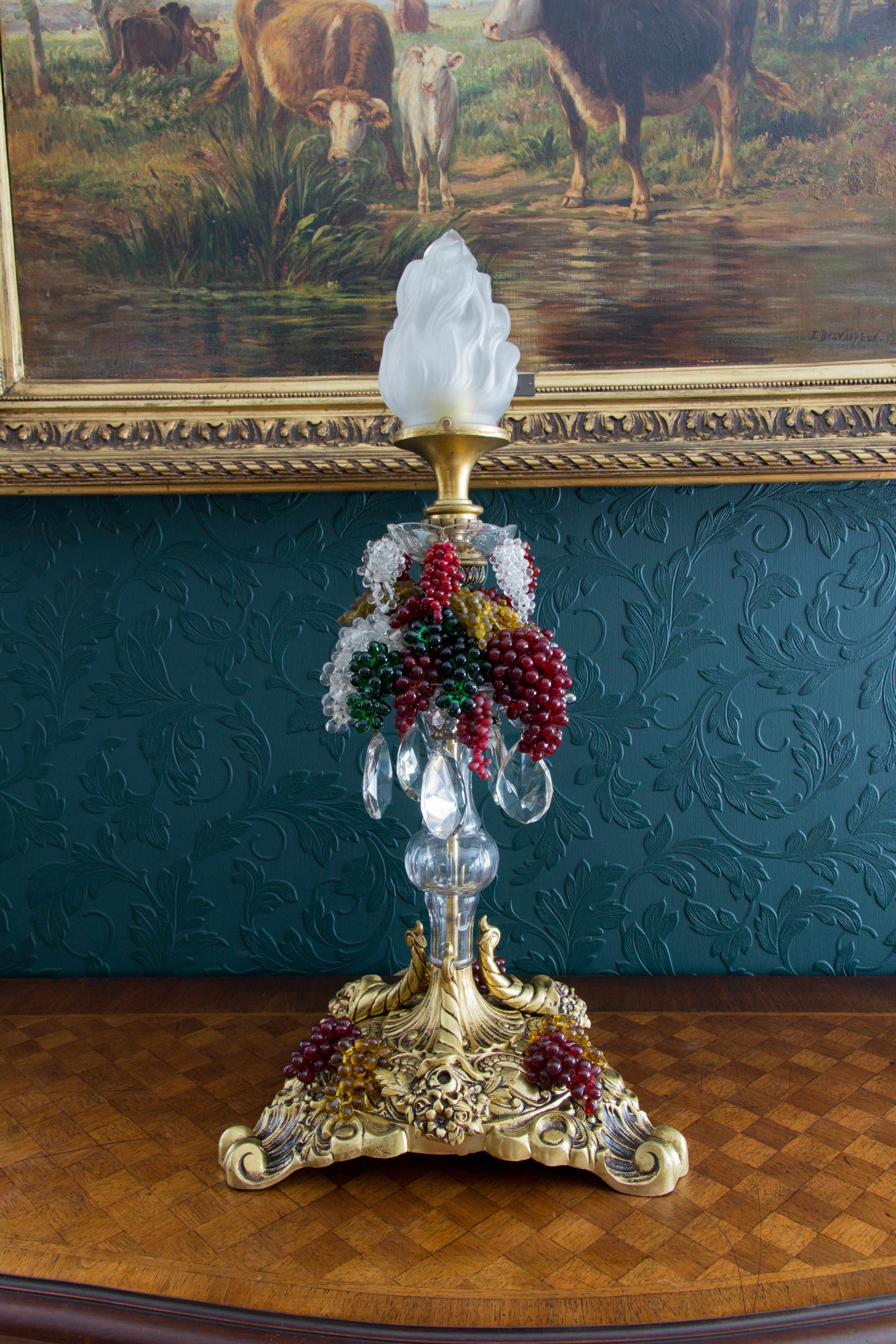 Bronze Table Lamp with Crystals, Frosted Glass Flame Shade and Glass Grapes 10