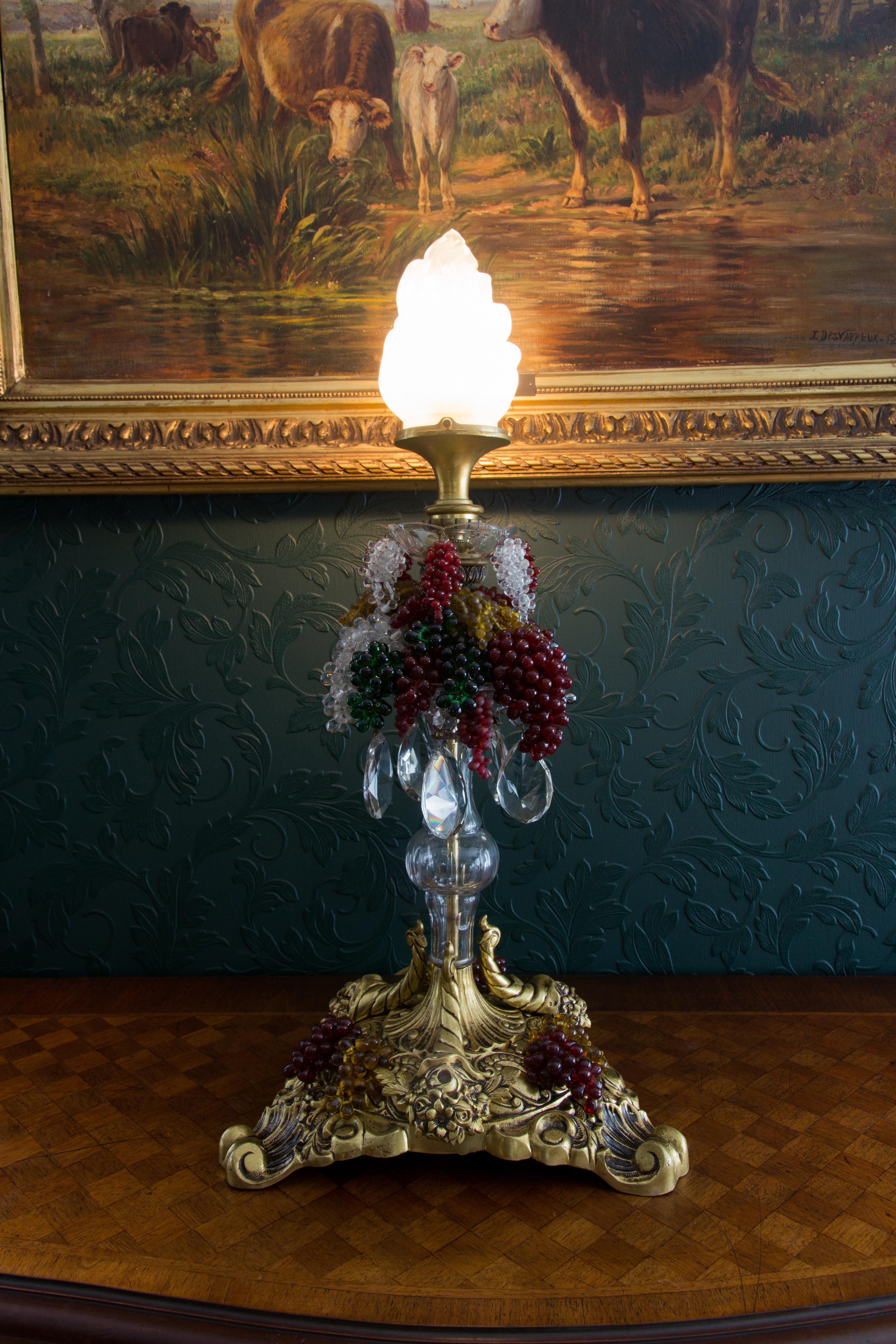 Bronze Table Lamp with Crystals, Frosted Glass Flame Shade and Glass Grapes 11