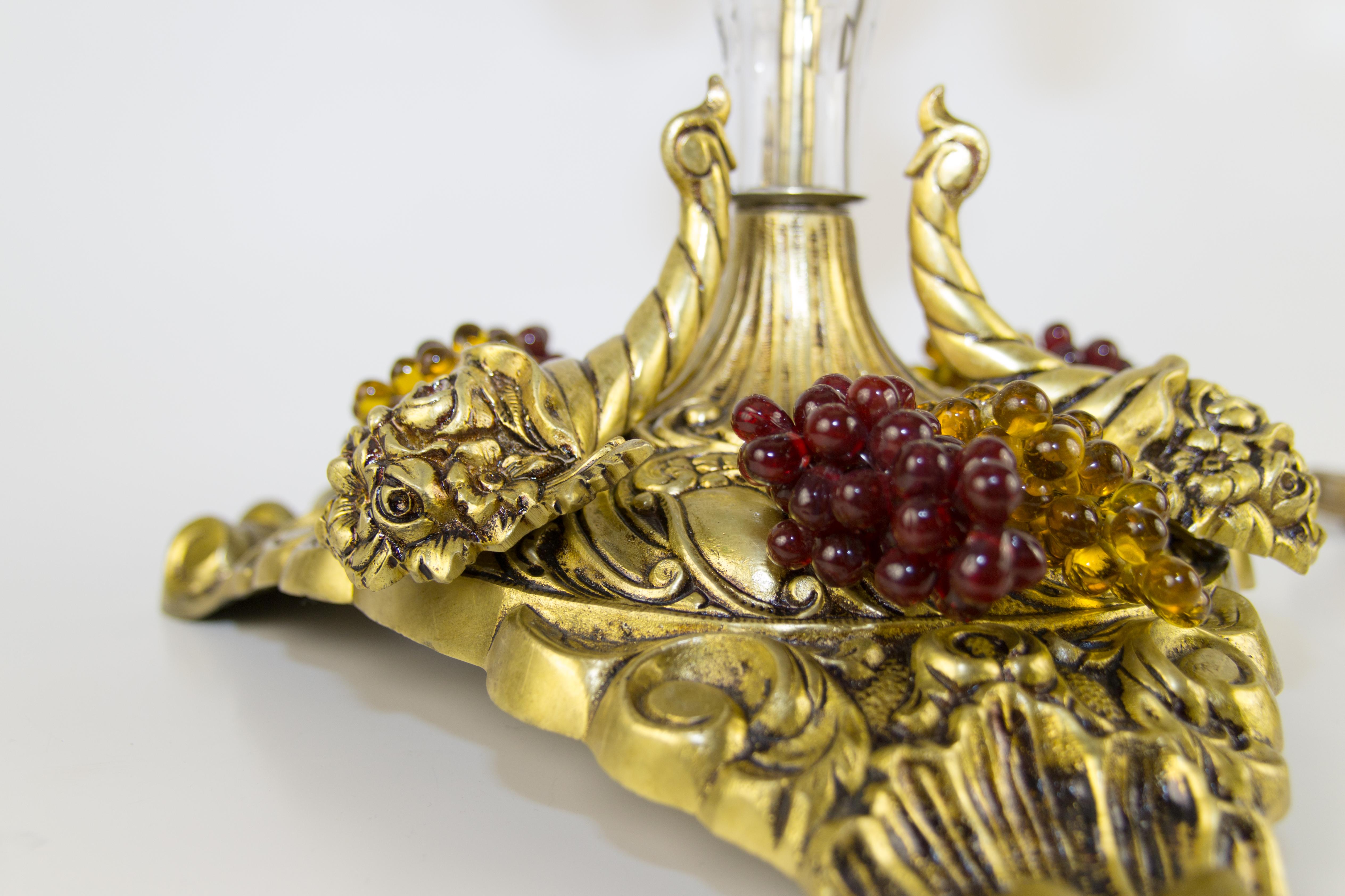 French Bronze Table Lamp with Crystals, Frosted Glass Flame Shade and Glass Grapes