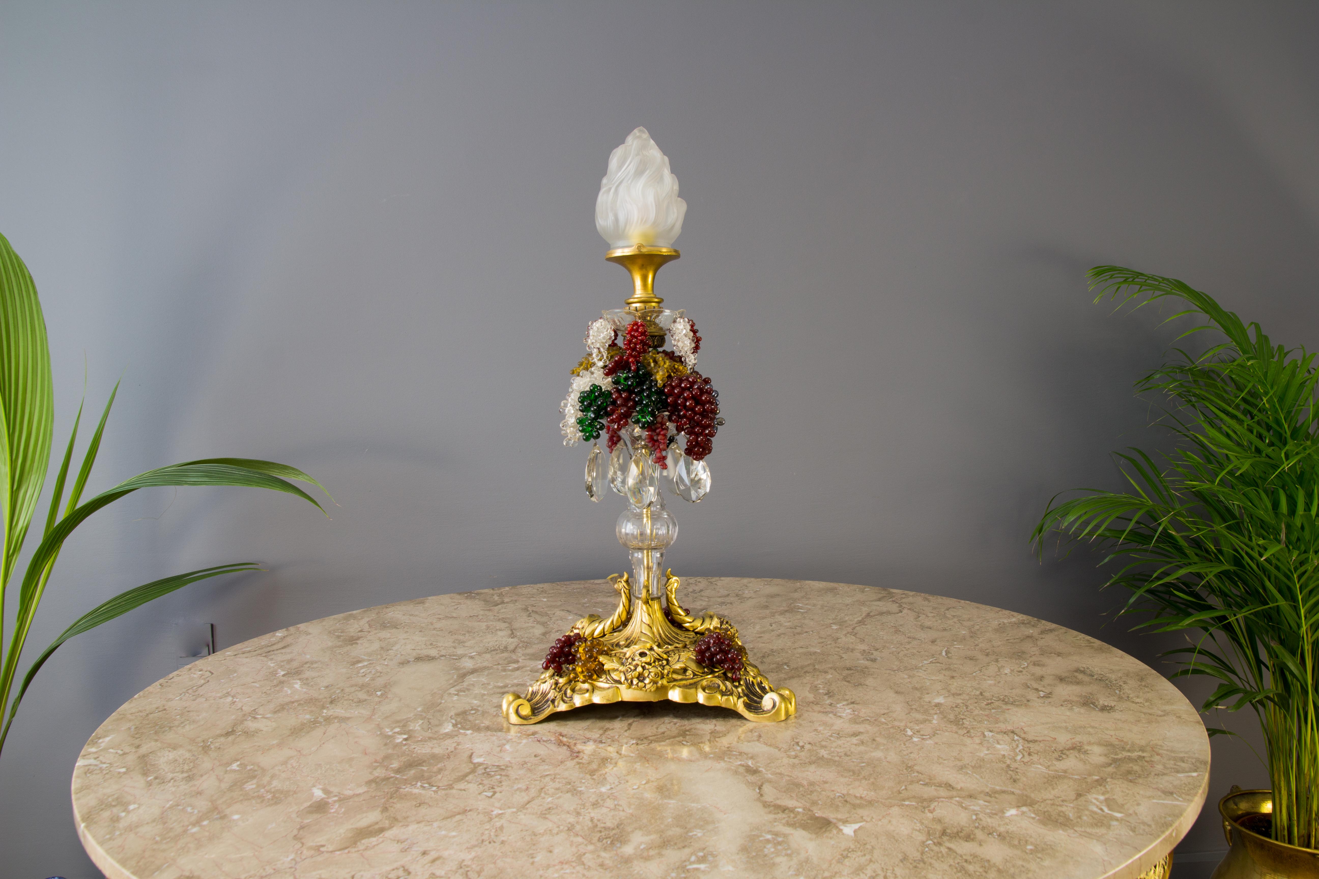 Bronze Table Lamp with Crystals, Frosted Glass Flame Shade and Glass Grapes In Good Condition In Barntrup, DE