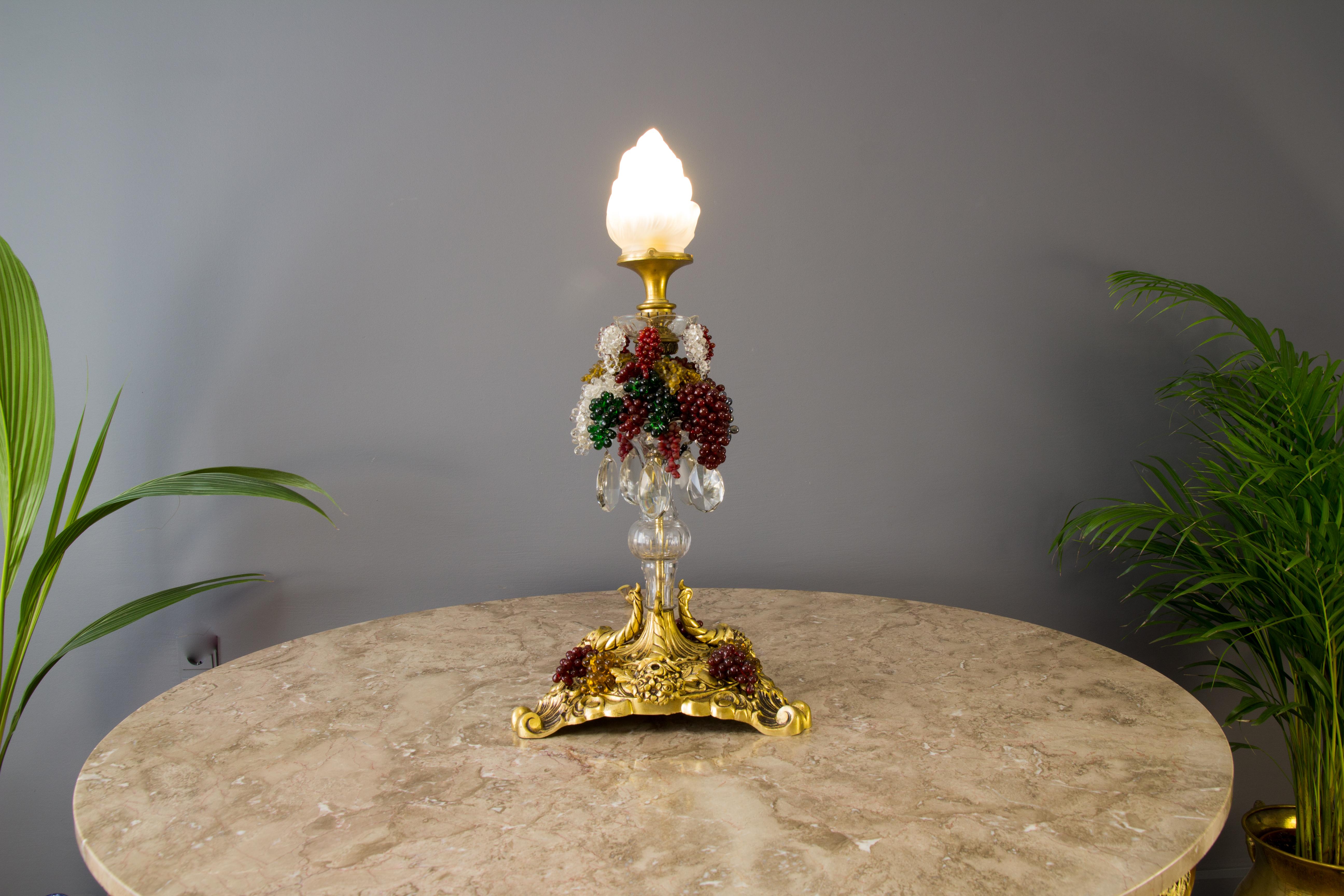 Early 20th Century Bronze Table Lamp with Crystals, Frosted Glass Flame Shade and Glass Grapes