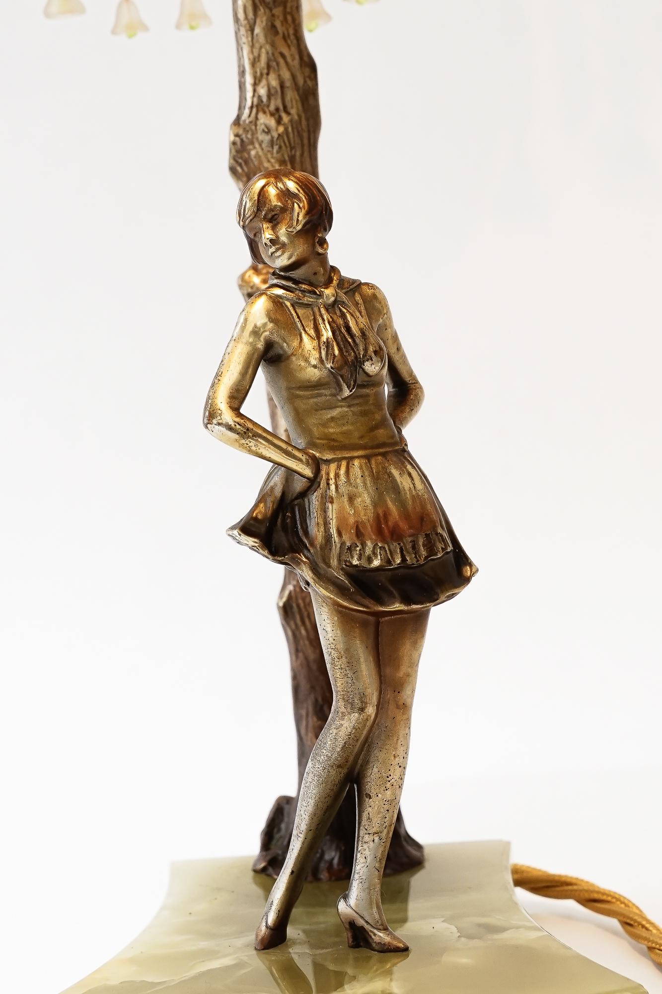 Bronze table lamp with marble and fabric shade vienna around 1908 For Sale 9