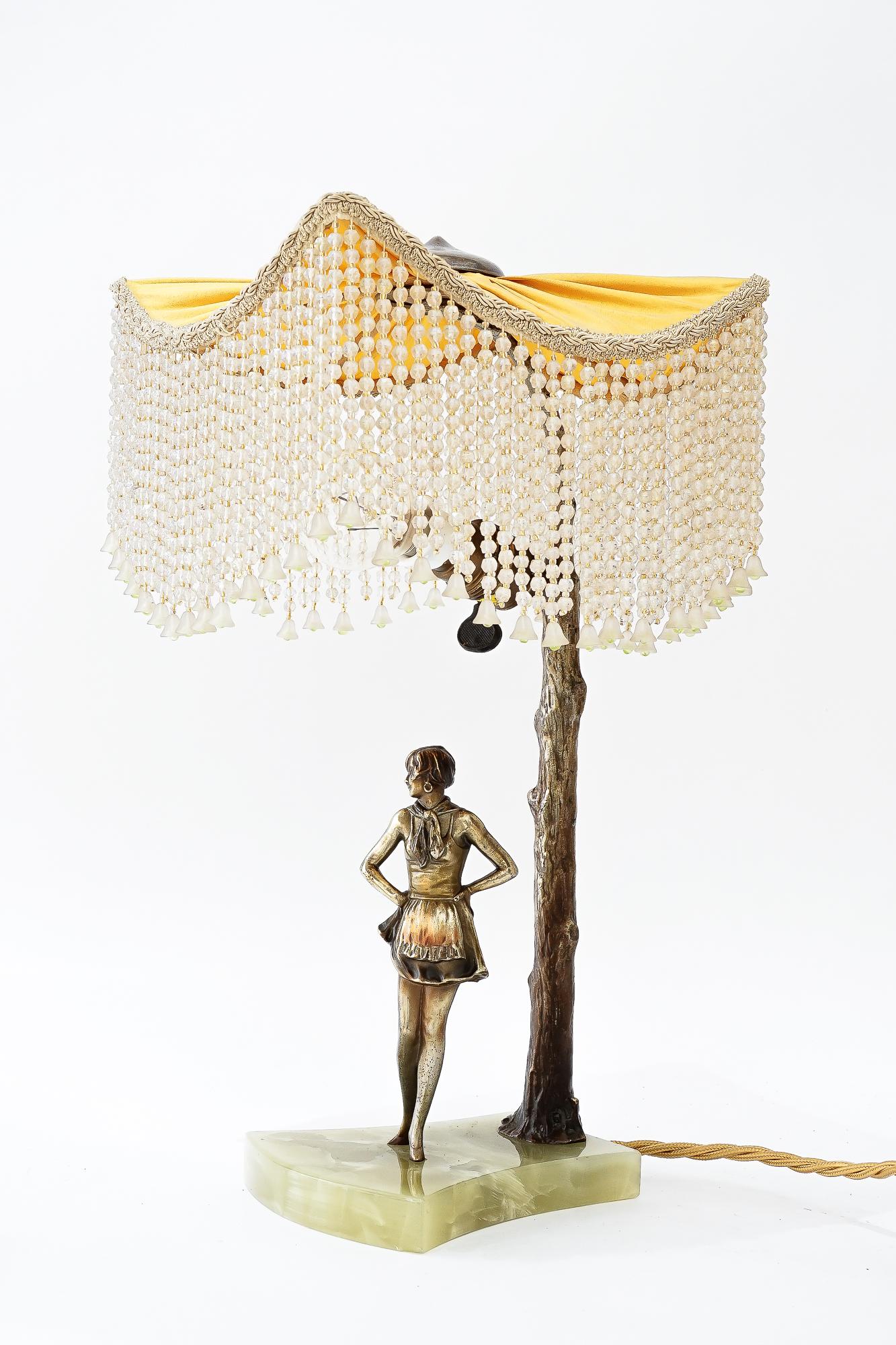 Jugendstil Bronze table lamp with marble and fabric shade vienna around 1908 For Sale