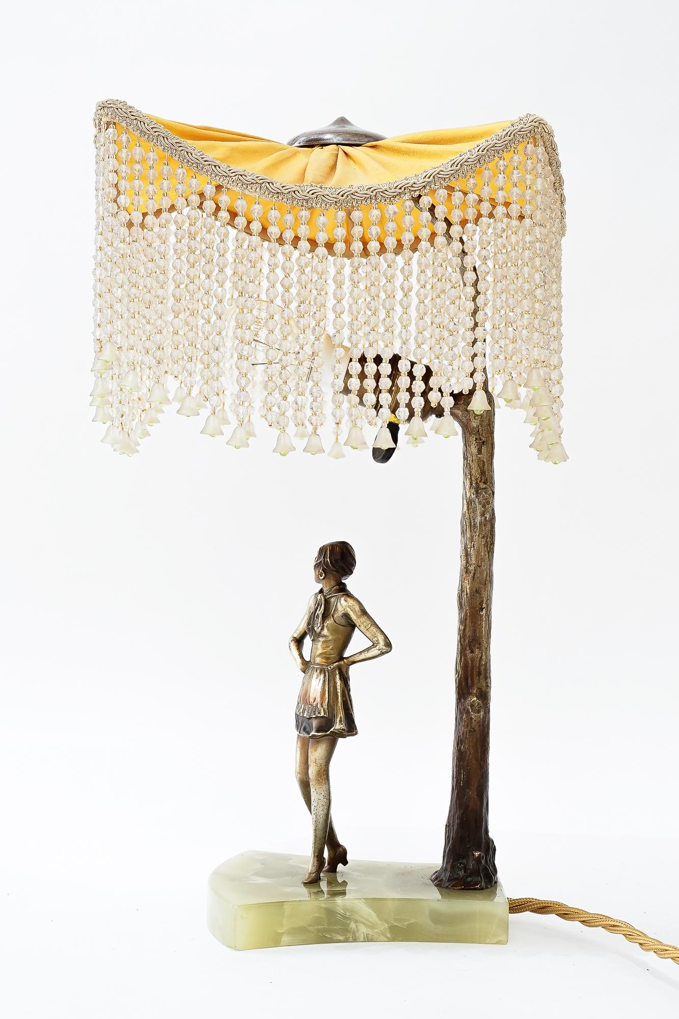 Austrian Bronze table lamp with marble and fabric shade vienna around 1908 For Sale