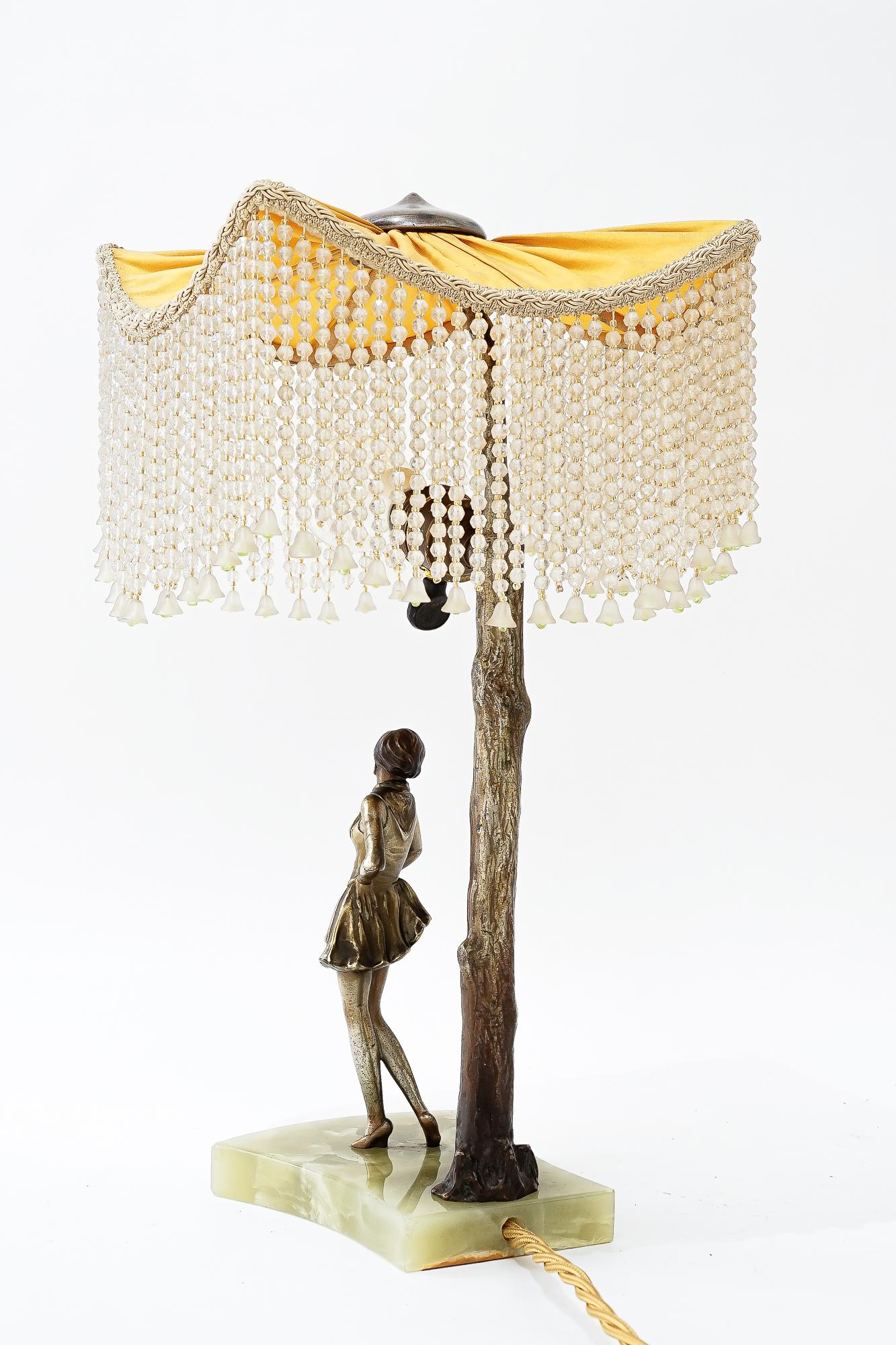Bronze table lamp with marble and fabric shade vienna around 1908 In Good Condition For Sale In Wien, AT