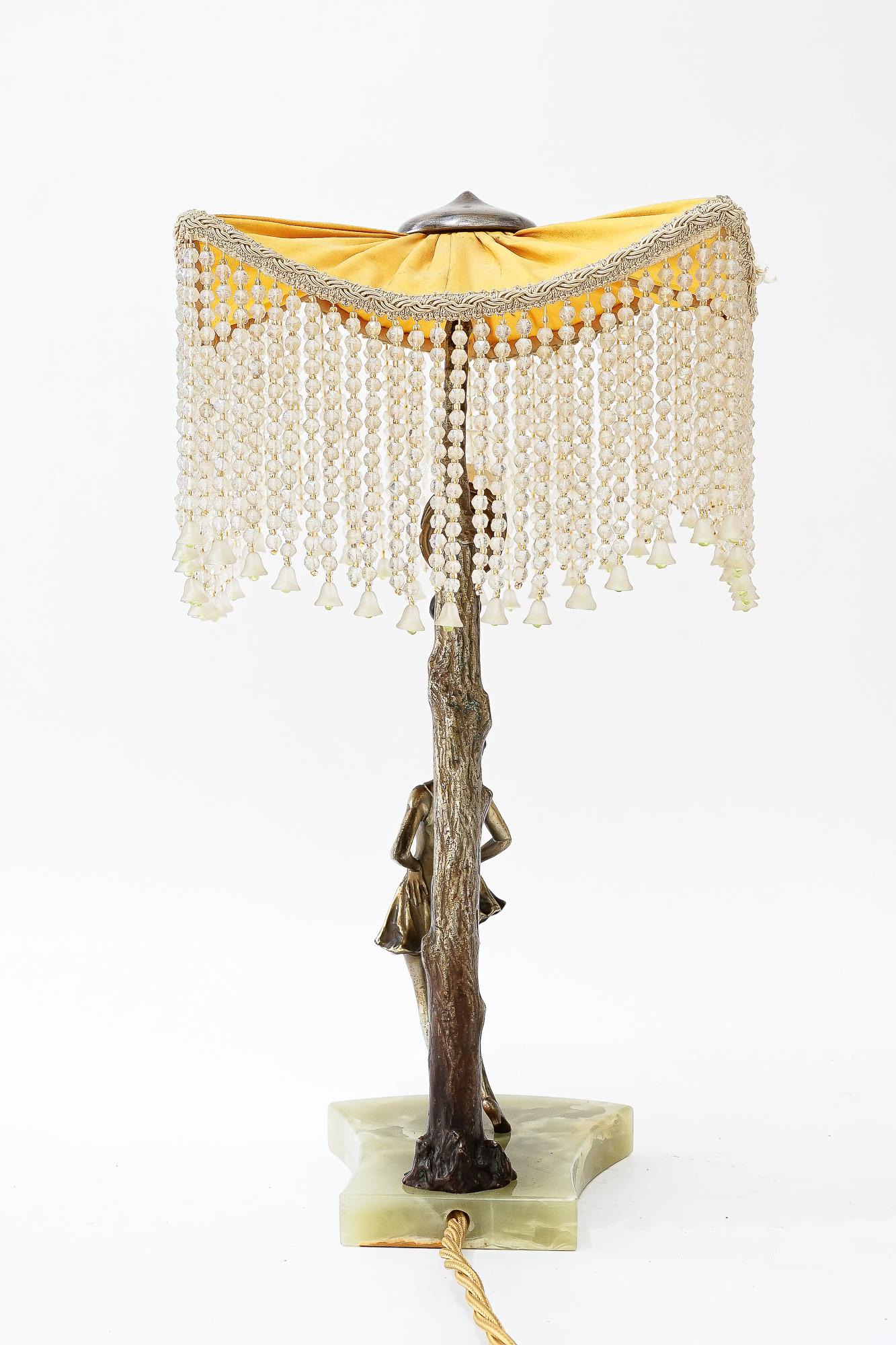 Early 20th Century Bronze table lamp with marble and fabric shade vienna around 1908 For Sale