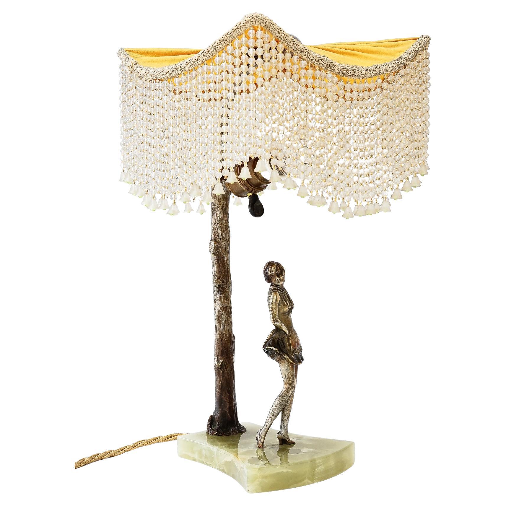 Bronze table lamp with marble and fabric shade vienna around 1908 For Sale