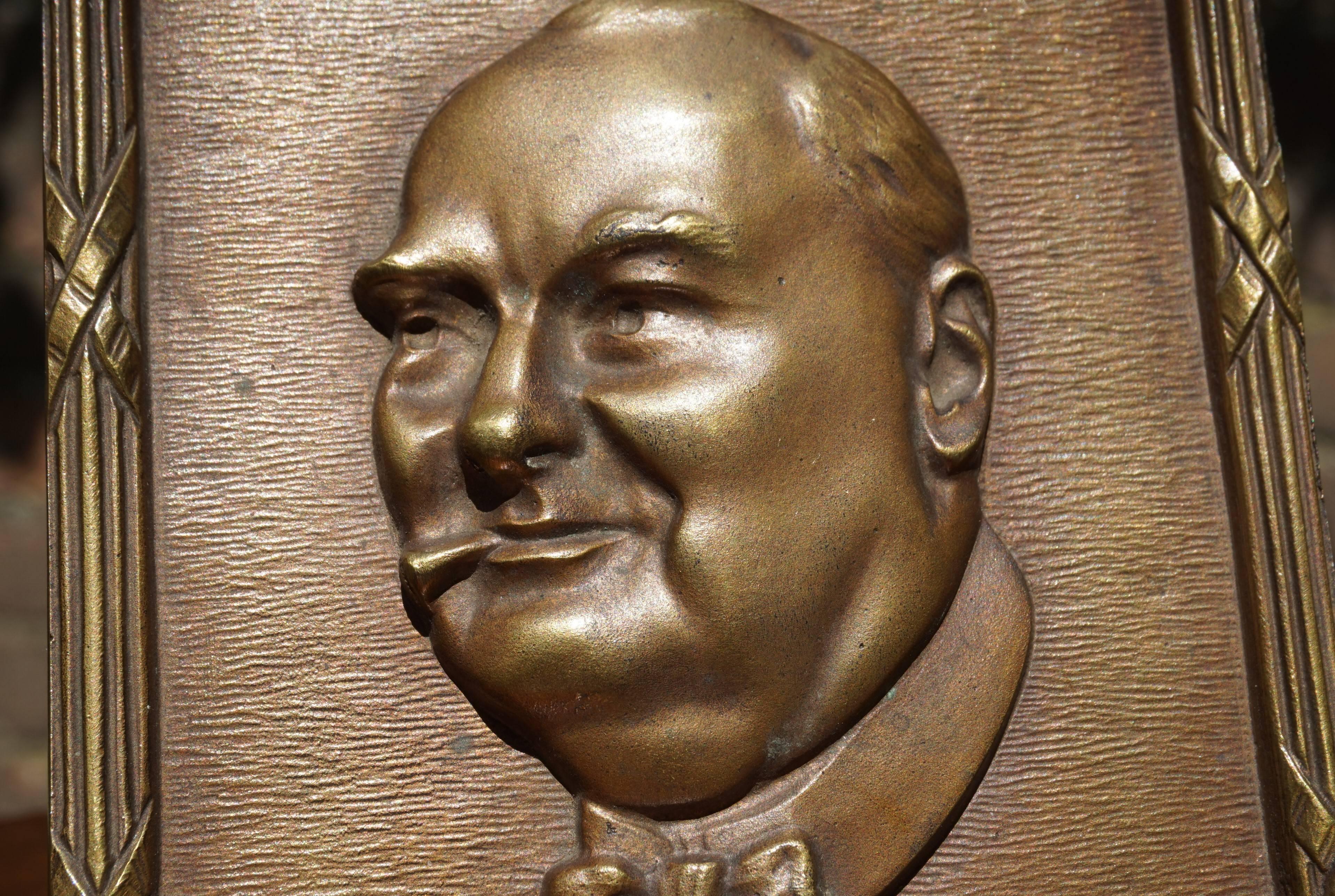 Cast Bronze Table or Desk Plaque with Young Winston Churchill Sculpture in Reliëf