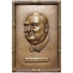 Bronze Table or Desk Plaque with Young Winston Churchill Sculpture in Reliëf