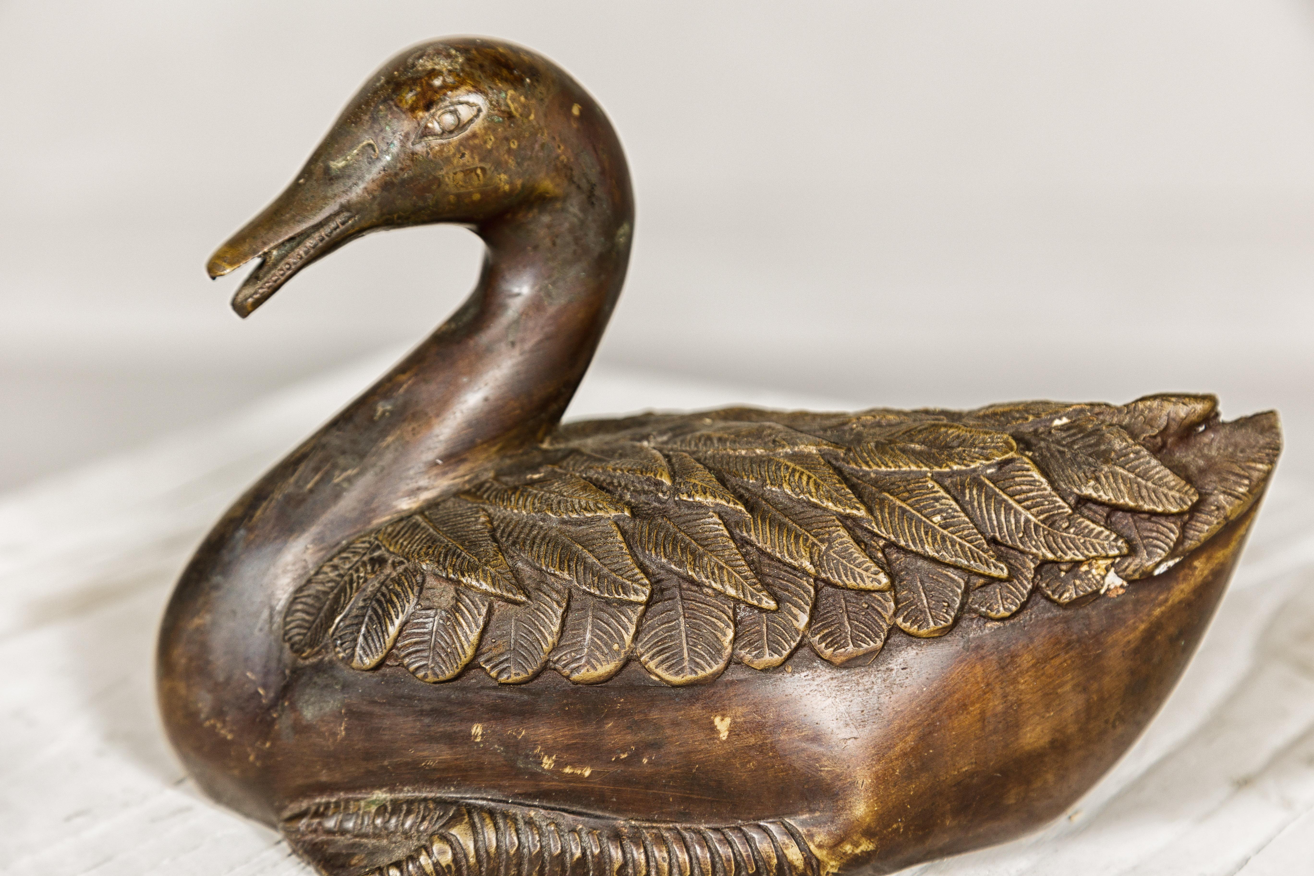 Bronze Tabletop Vintage Duck Statuette, Lost Wax with Fine Details For Sale 5
