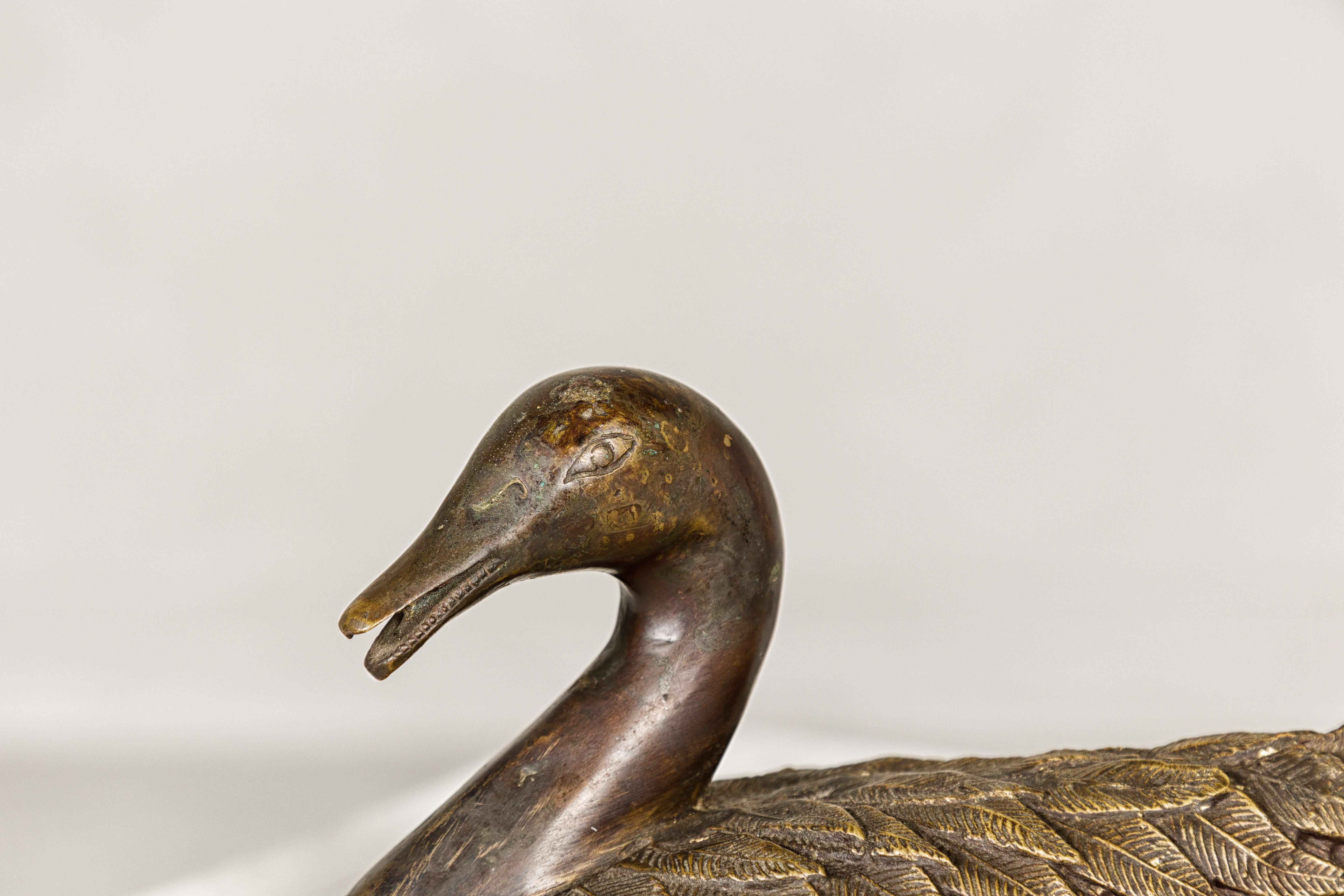 Cast Bronze Tabletop Vintage Duck Statuette, Lost Wax with Fine Details For Sale