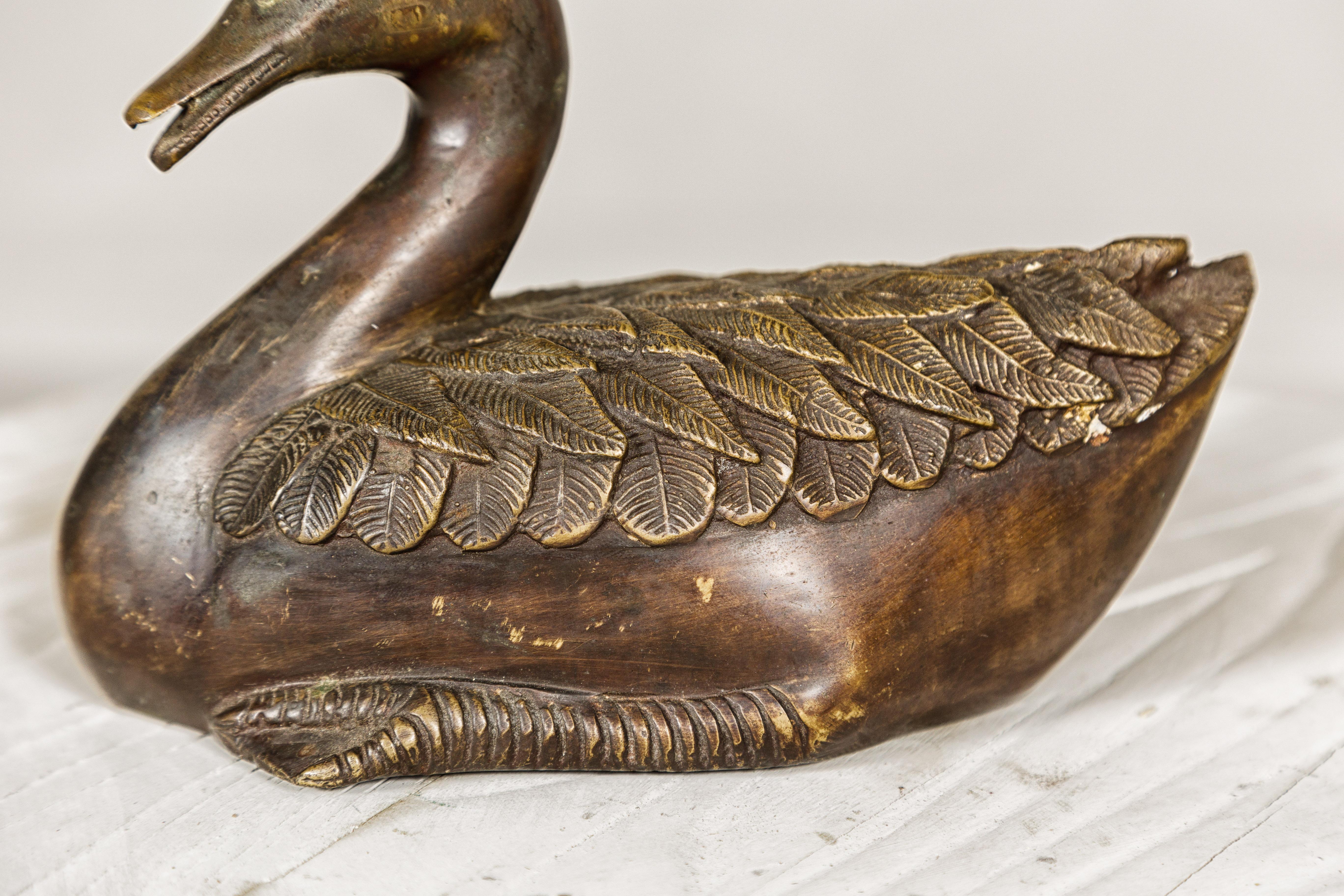 Bronze Tabletop Vintage Duck Statuette, Lost Wax with Fine Details In Good Condition For Sale In Yonkers, NY
