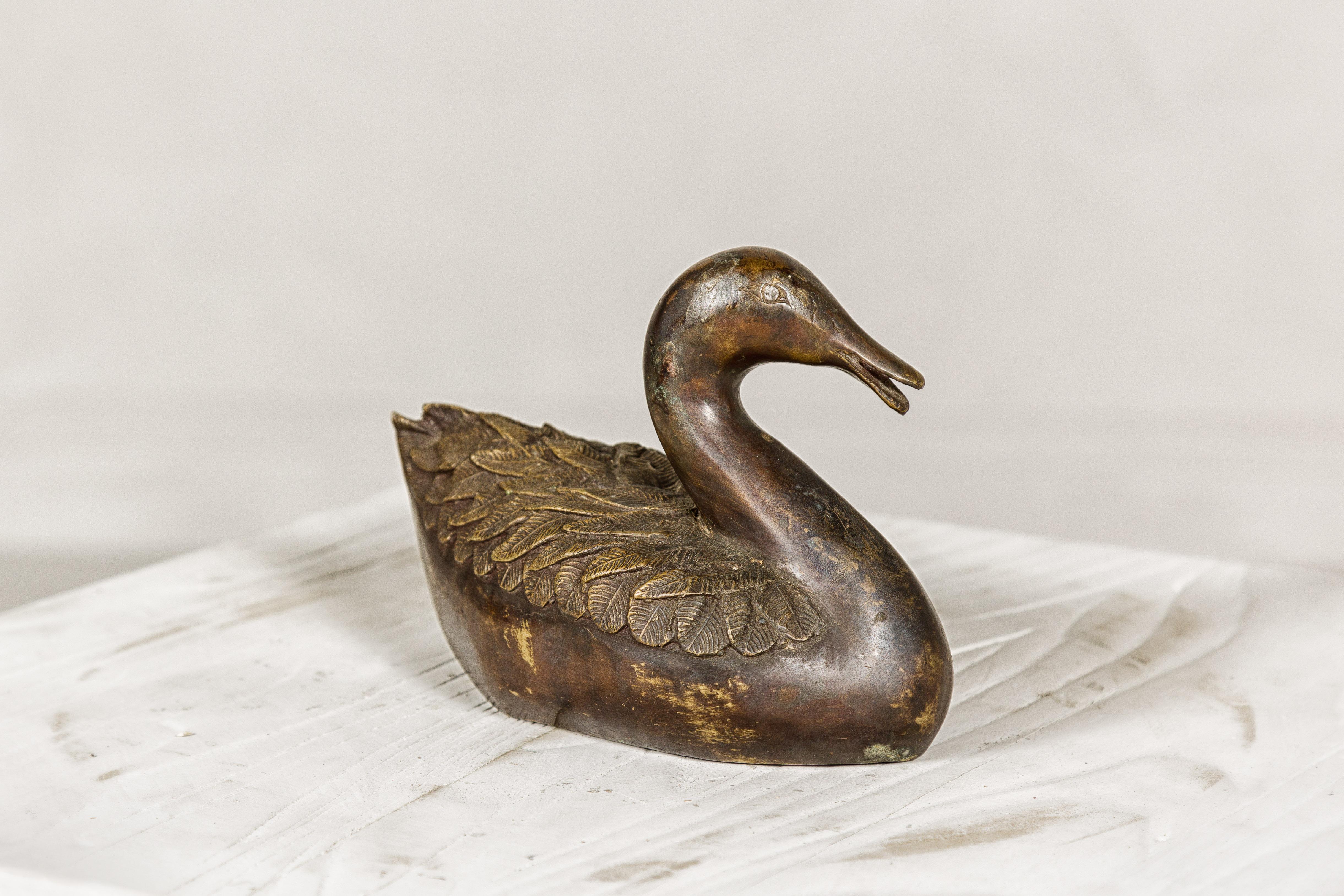 Bronze Tabletop Vintage Duck Statuette, Lost Wax with Fine Details For Sale 1