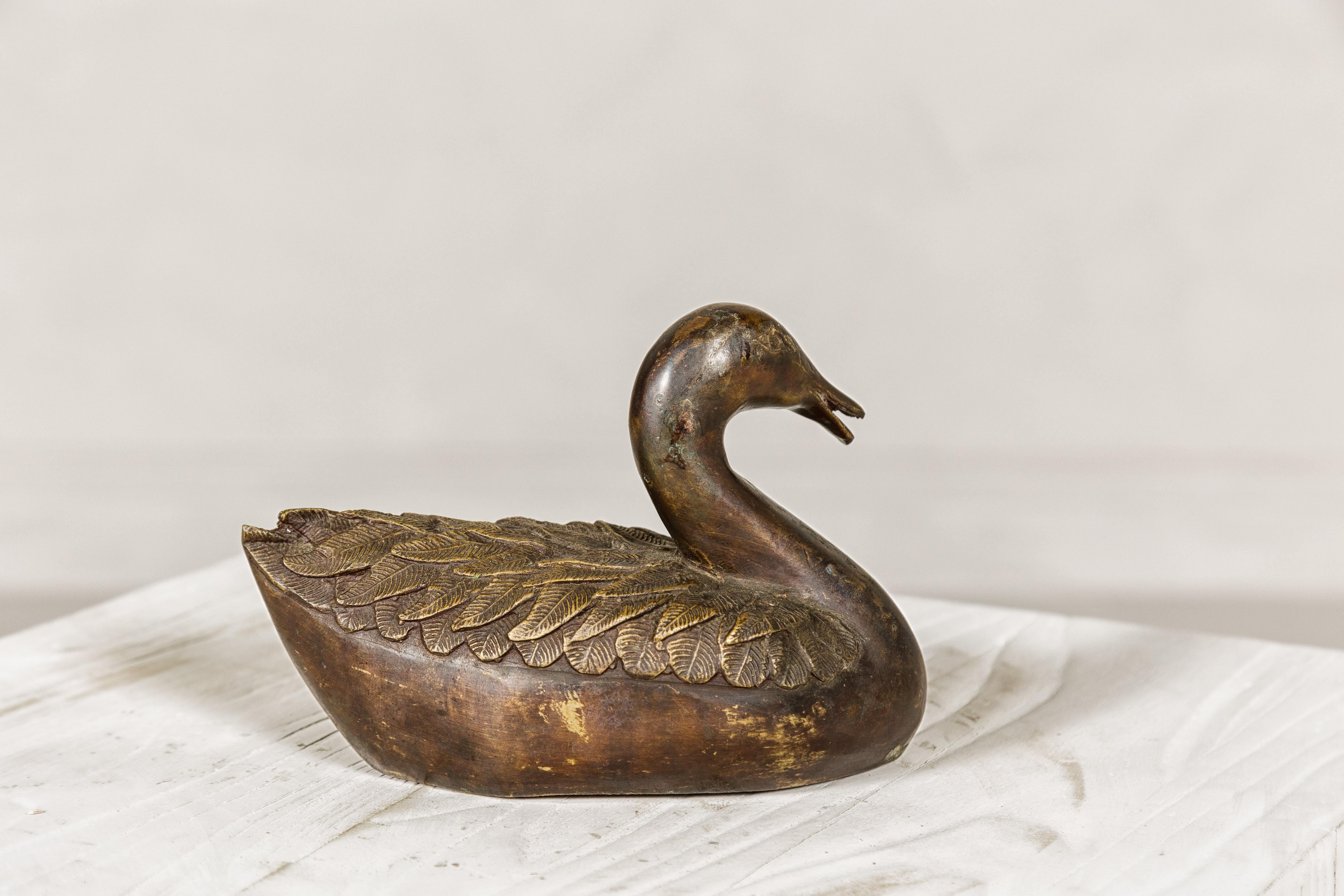 Bronze Tabletop Vintage Duck Statuette, Lost Wax with Fine Details For Sale 2
