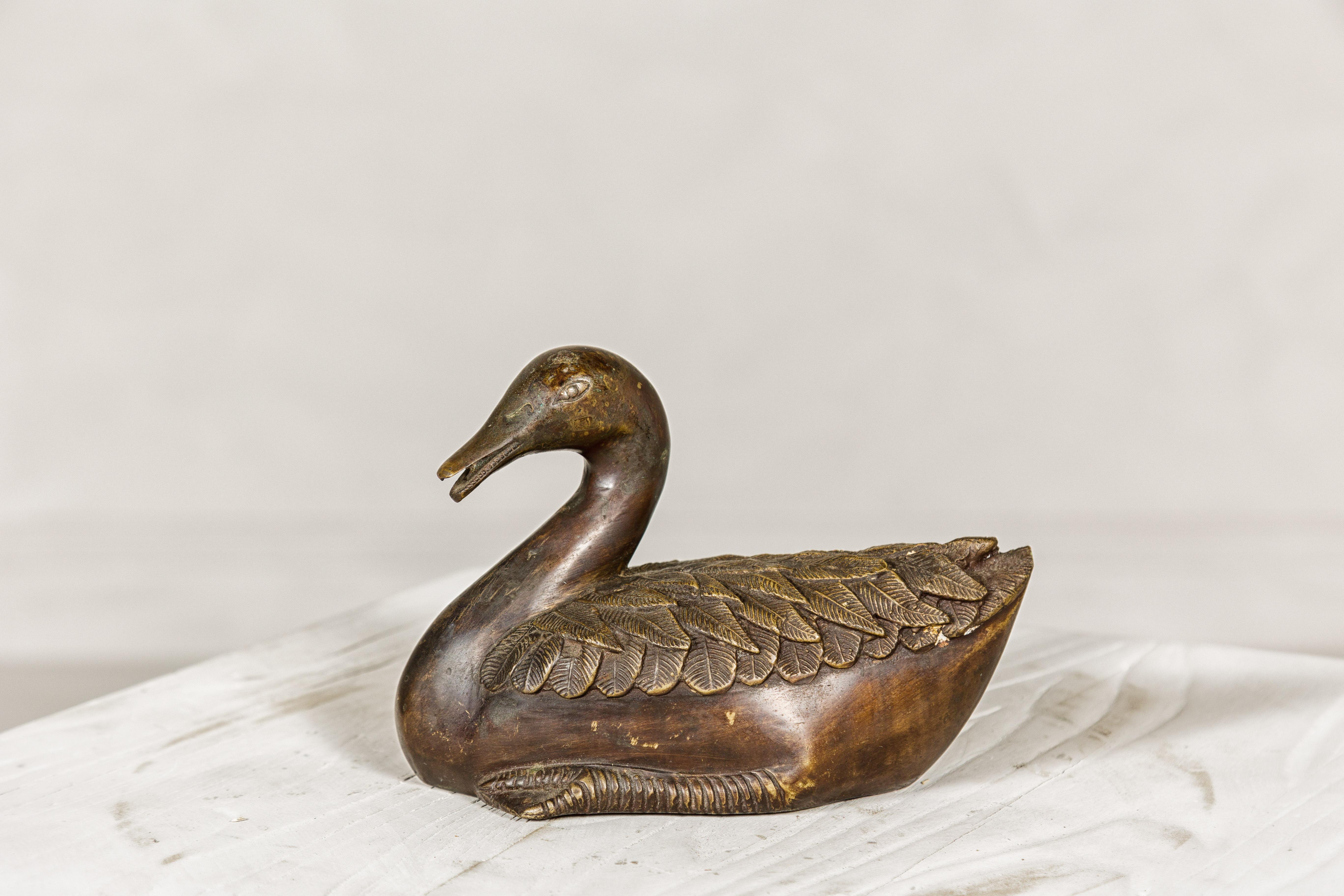 Bronze Tabletop Vintage Duck Statuette, Lost Wax with Fine Details For Sale 4