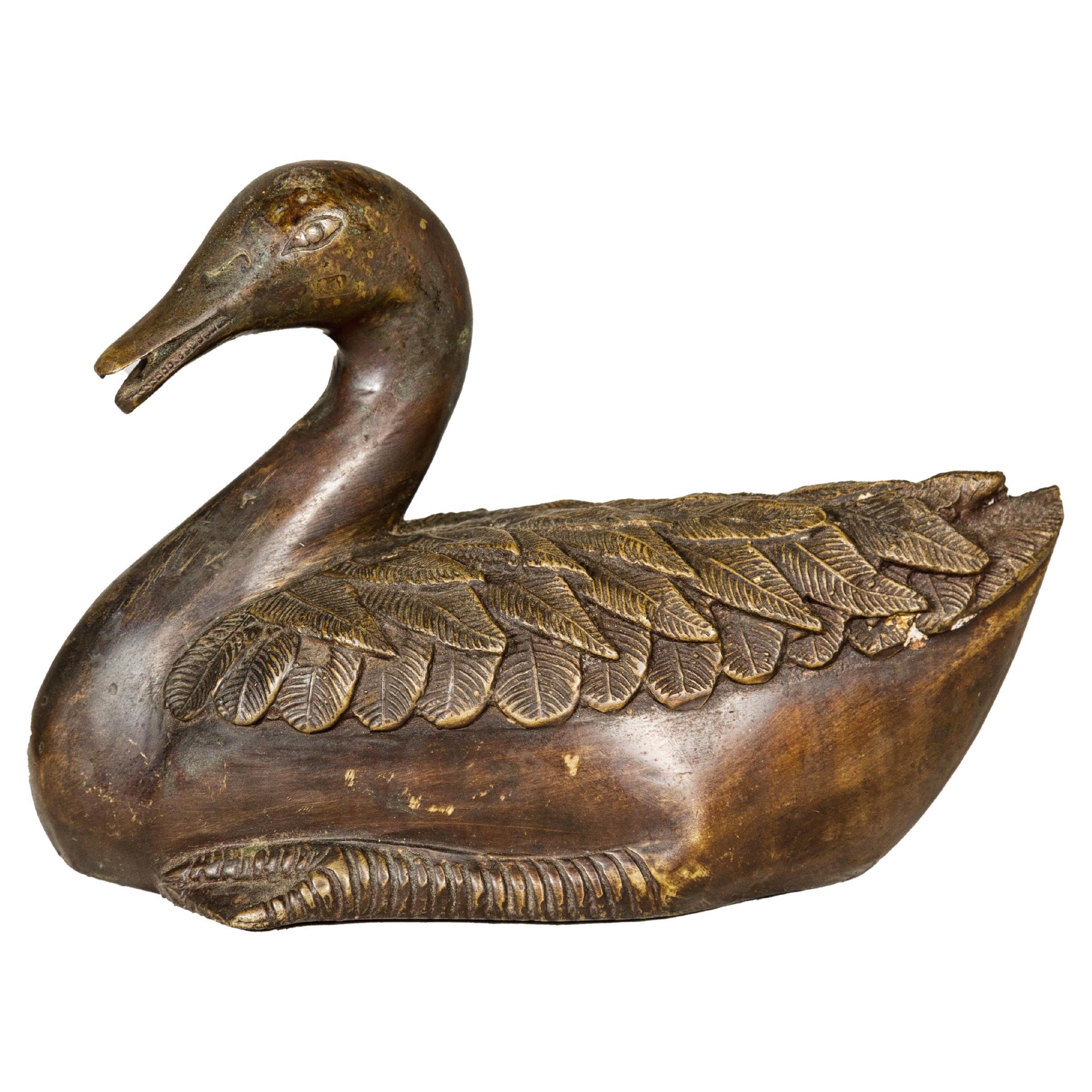 Bronze Tabletop Vintage Duck Statuette, Lost Wax with Fine Details For Sale